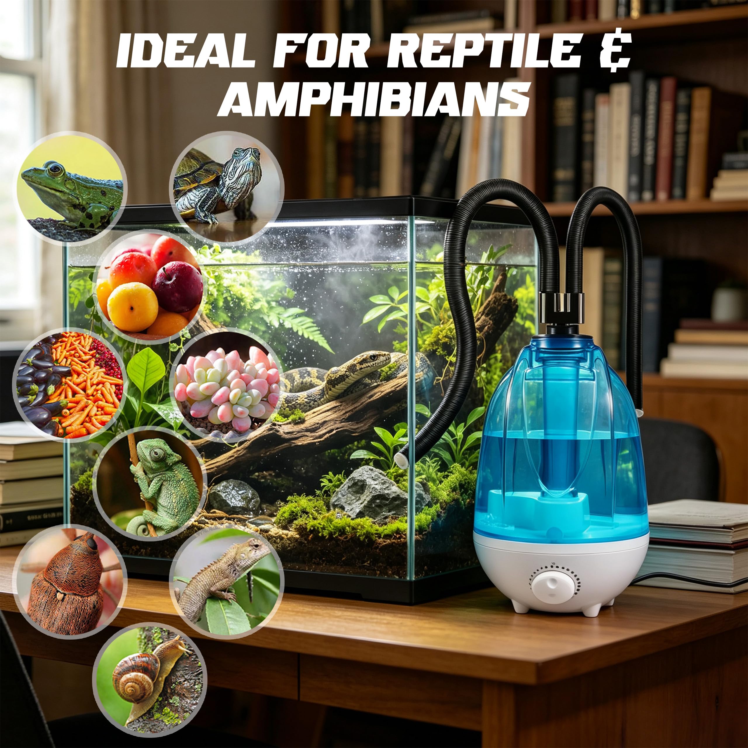 Reptile Terrarien-Luftbefeuchter 4L, 300 ml/h Nebelgerät mit 7-farbiger Nachtbeleuchtung, verstellbarem Schlauch & leiser Fogger-Vaporizer-Funktion für Reptilien