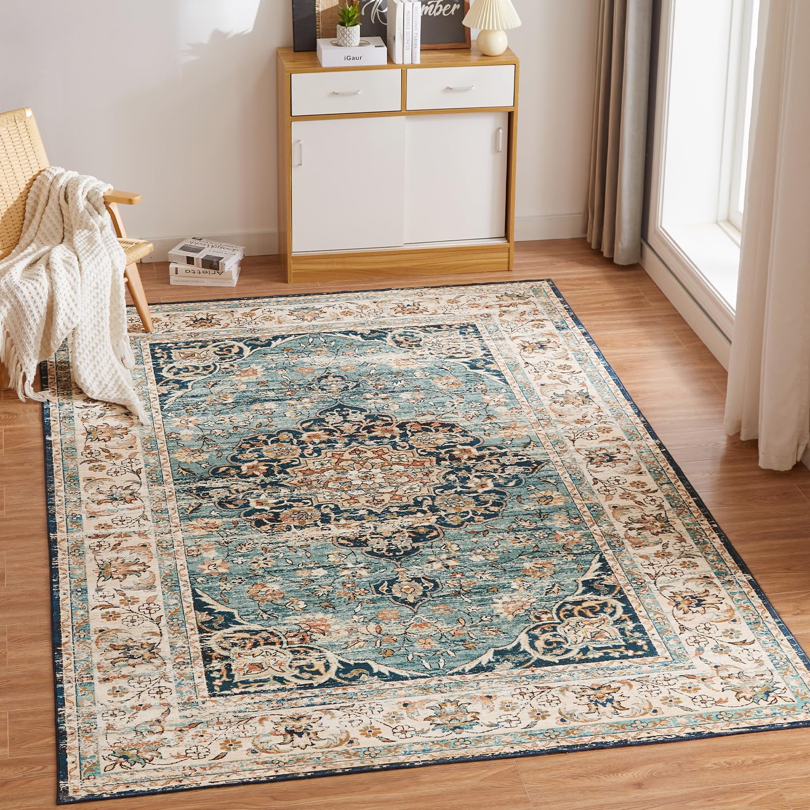 CHOSHOME Machine Washable Rugs for Living Room Large Vintage Area Rugs for Bedroom Soft Short Pile Rugs Non Slip Carpet Traditional Oriental Rug for Kitchen Dining Outdoor 240X340CM Blue Faux Wool Rug