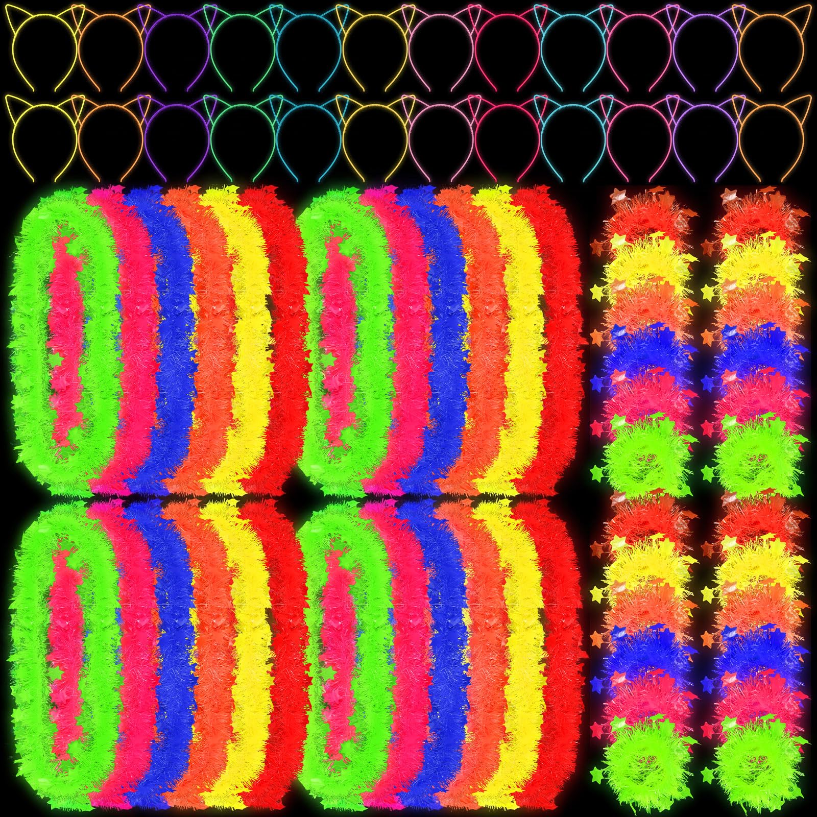 Photo 1 of Yinder 72 Pcs Glow in the Dark Party Supplies 24 Glow in the Dark Necklace 24 Bracelet 24 Cat Headbands Neon Fluorescent Blacklight Party Favors Glowing Photo Booth Props for Women, Men