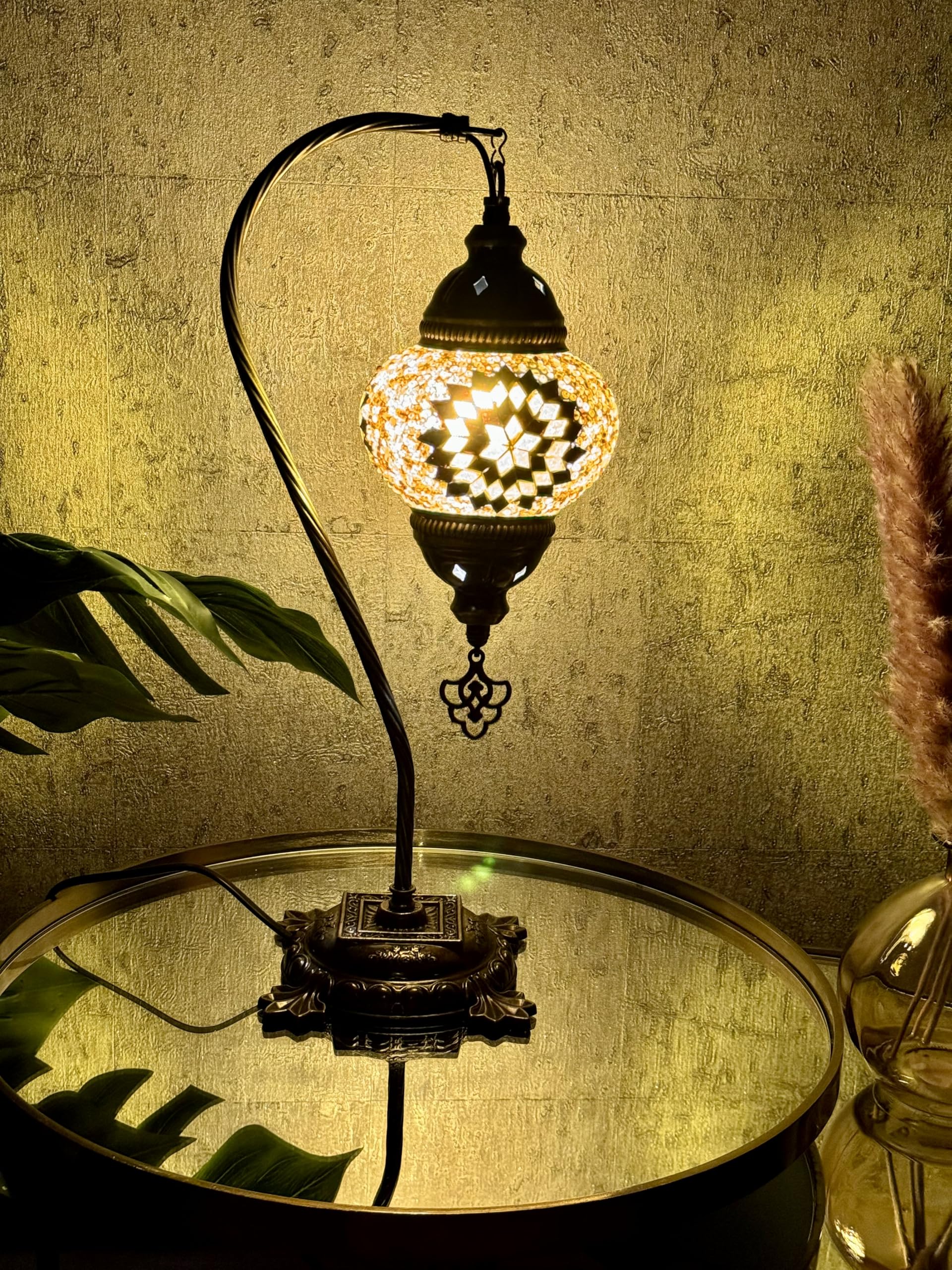 Lightza Handmade Turkish Moroccan Mosaic Desk Lamp LED Bulb | Swan Neck Unique Globe Lampshade Table Light | UK Tested Safe Energy Efficient (Golden & Black Flower) — image 1