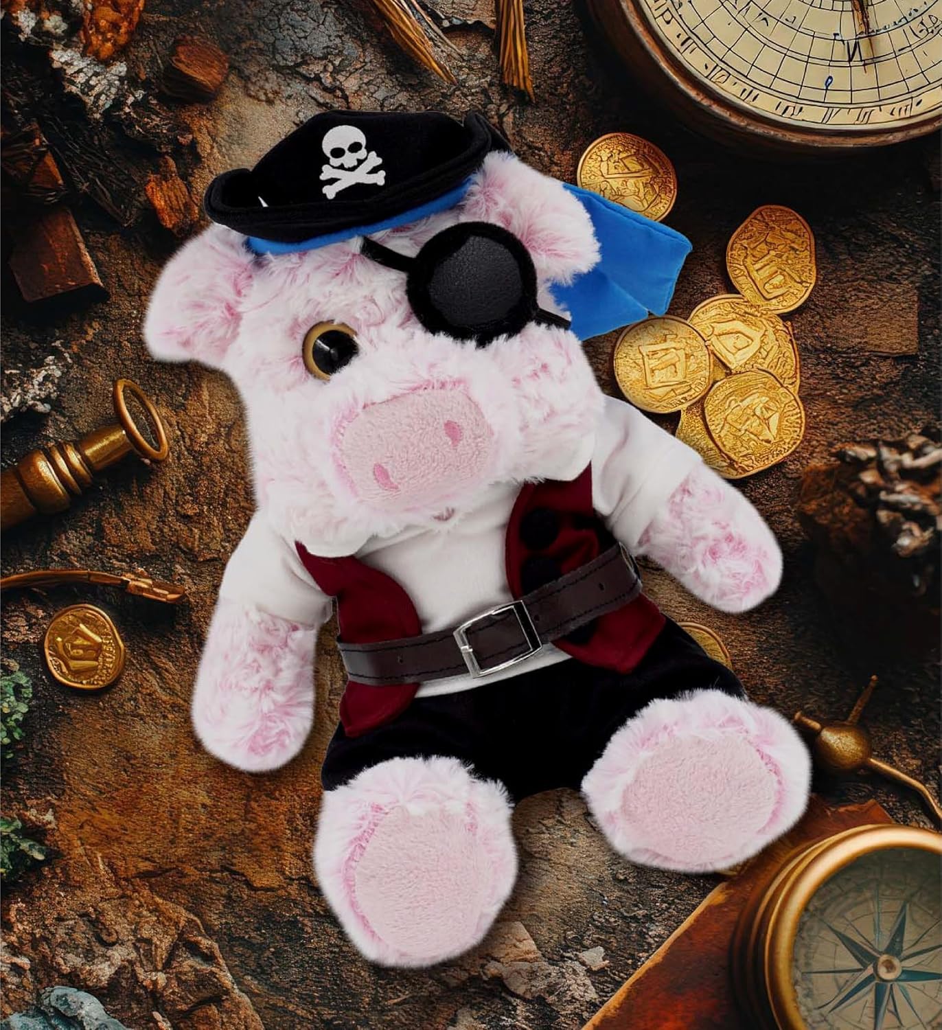 DolliBu Pirate Costume Dress Up Set for Stuffed Animals, Large, 8-10 Inches | dress-up set with shirt, vest, pants, skull hat and eye patch, fits plush toys and teddy bears, halloween themed plush toys
