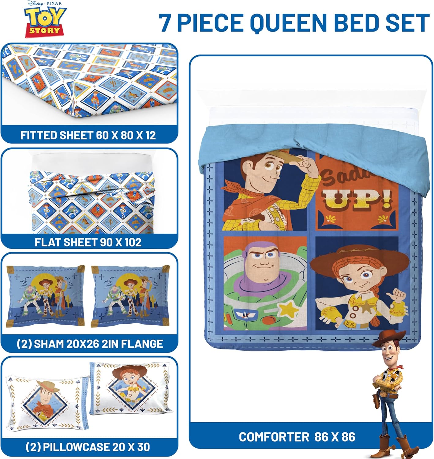 Jay Franco Kids Comforter Set Includes Sheets and Pillow Covers - Soft and Cozy Bed Set for Stylish Room Decor, Official Licensed Bedding, Blue - Toy Story, 7 Piece Queen