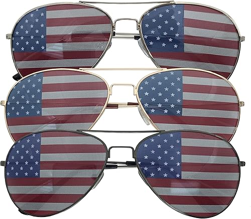 grinderPUNCH Paquete de 3 gafas de sol de aviador con bandera estadounidense, colores surtidos, rojo, blanco, azul