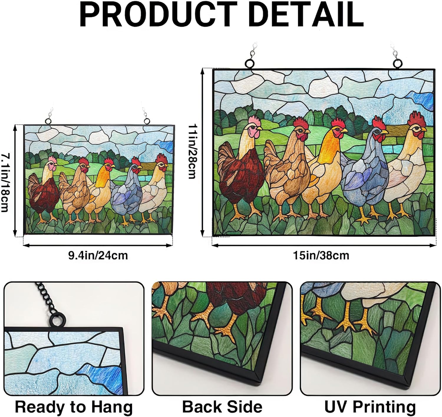 Rectangle Vintage Chicken in The Backyard Stained Glass Window Hanging Customized Suncatcher Glass Panel with Metal Chain Sun Catchers Wall Art Home Decor Gift for Women Mother's Day