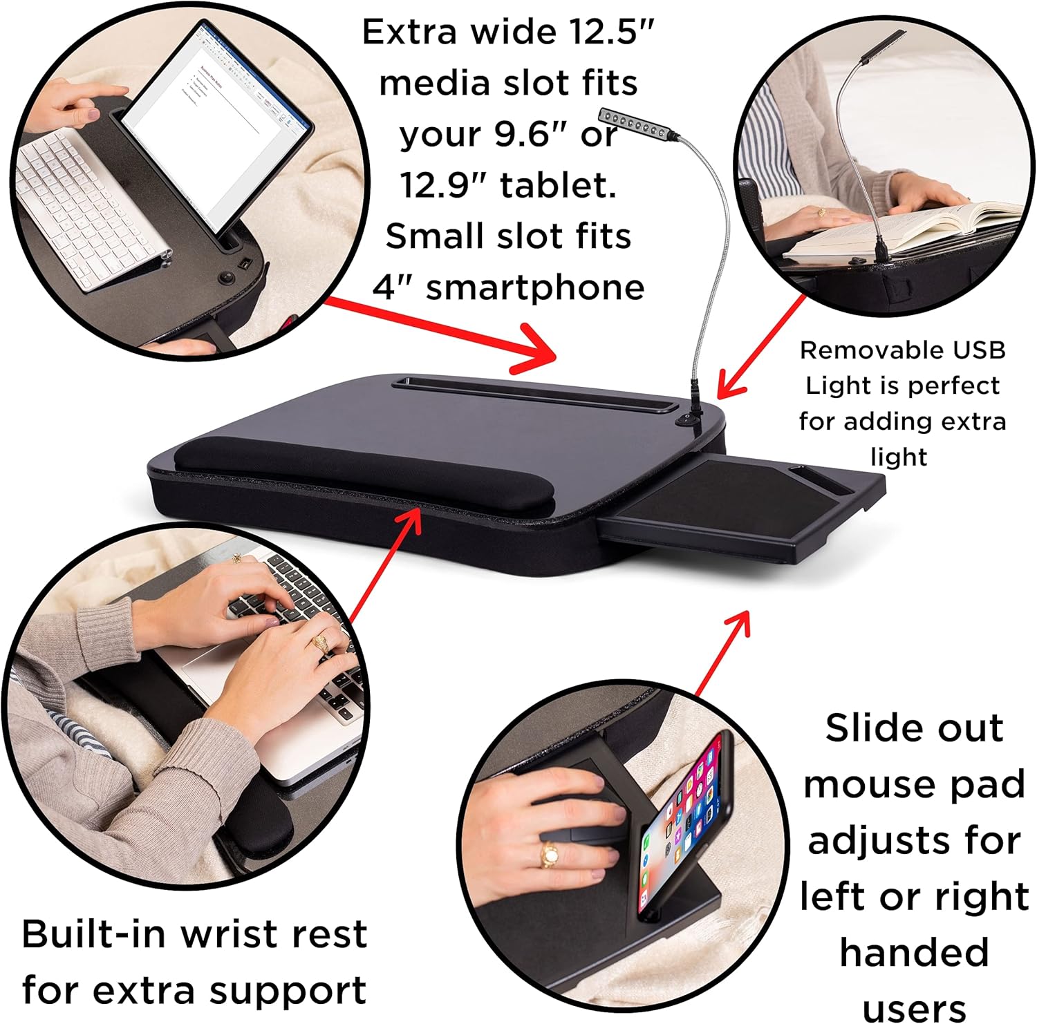 Deluxe Lap Desk for Laptop and Writing - Black - Laptop Stand Accessories - Home Office Tray - Work from Home - Car Sofa Chair Couch Portable Desk - Pillow - Reading Light - Tablet Slot (Deluxe) : Office Products