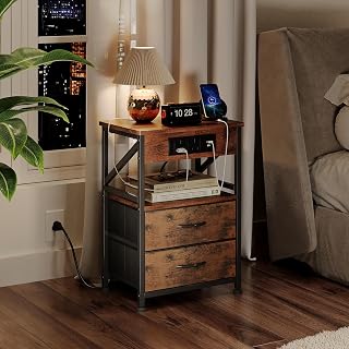 Bedside Table with Power Strip, Bedside Cabinet with 2 Drawers, Bed Side Table for Bedroom, Night Stand, 2 AC Outlets, & 2 USB Ports, Side Table with Metal Frame, Rustic Brown