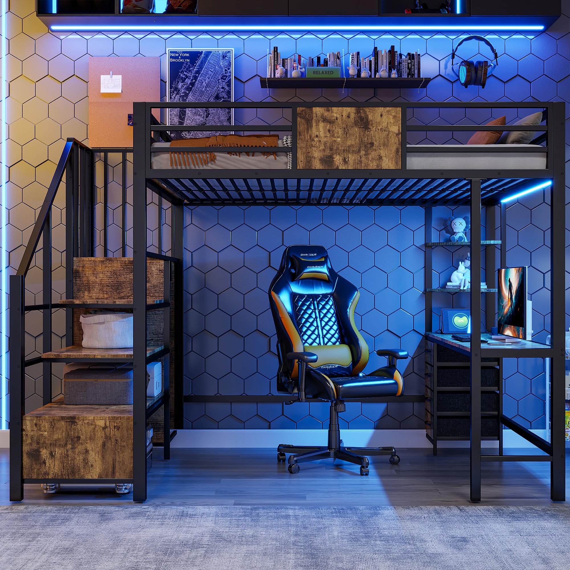 Lit Mezzanine Enfant 140x200cm avec éclairage LED et Prise électrique,métal lit superposé 2 Place avec Bureau, étagères, Tringle à vêtements,lit avec Rangement,Cadre de lit,sans Matelas,Noir