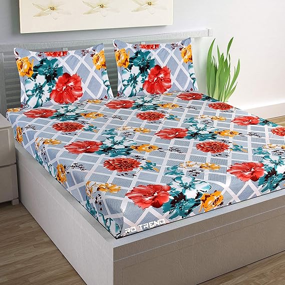 RD TREND Presents Elastic Fitted King Size Double Bedsheet(Size- L-78, W-72, H-8 Inches, with 2 Pillow Covers, (White Red Flower))