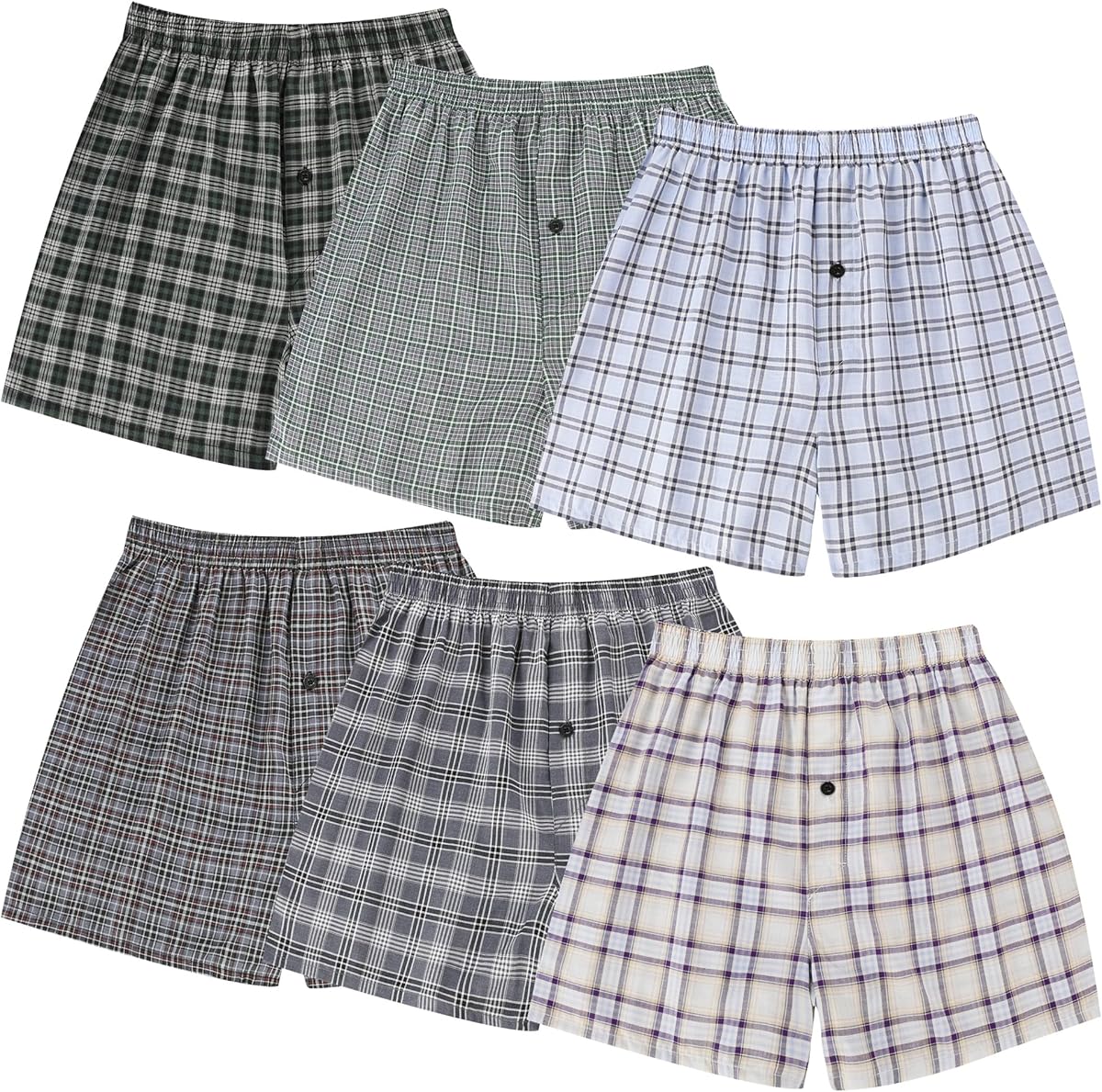 BAMBOO COOL Men's Underwear Woven Boxer Shorts,Classic Relaxed Fit,Lightweight Plaid Boxers,6 Pack