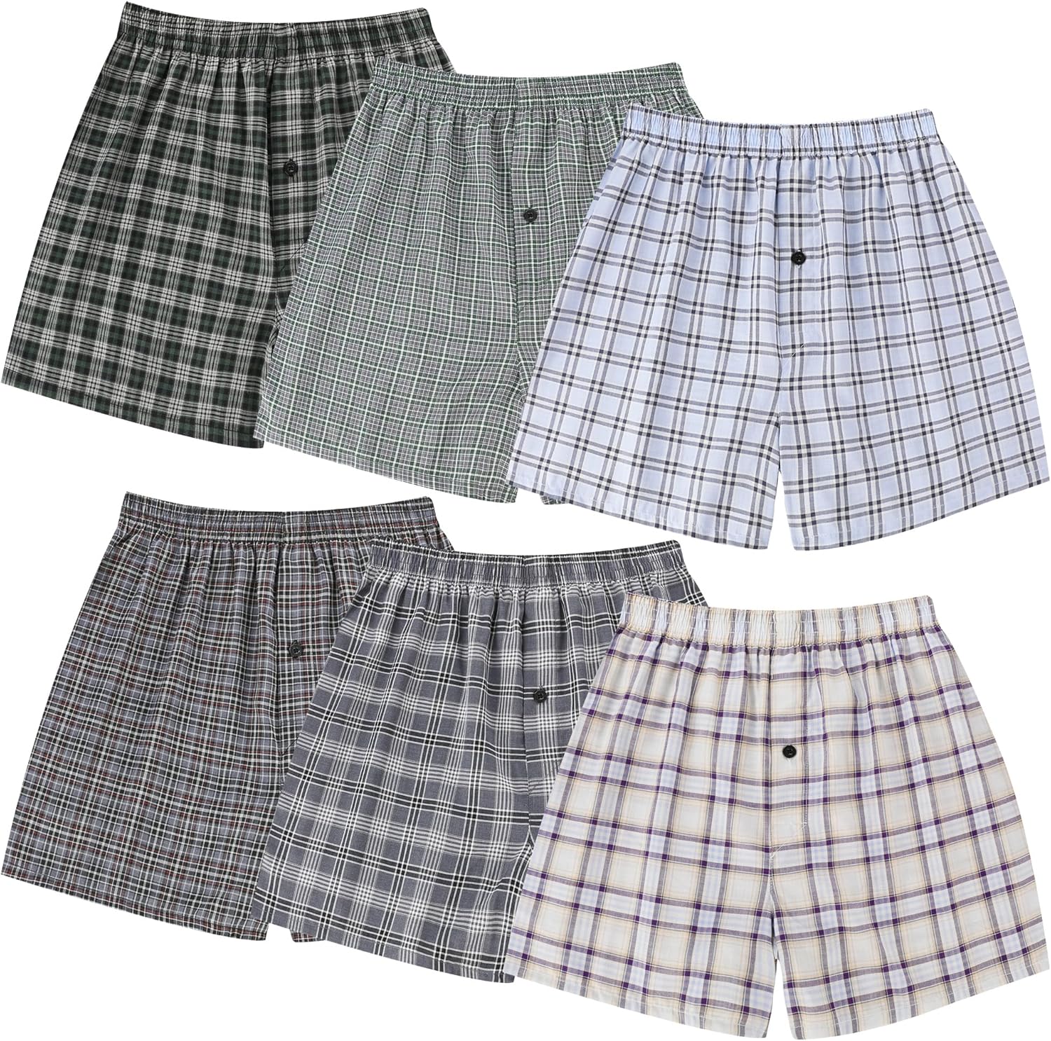 BAMBOO COOL Men's Underwear Woven Boxer Shorts,Classic Relaxed Fit,Lightweight Plaid Boxers,6 Pack