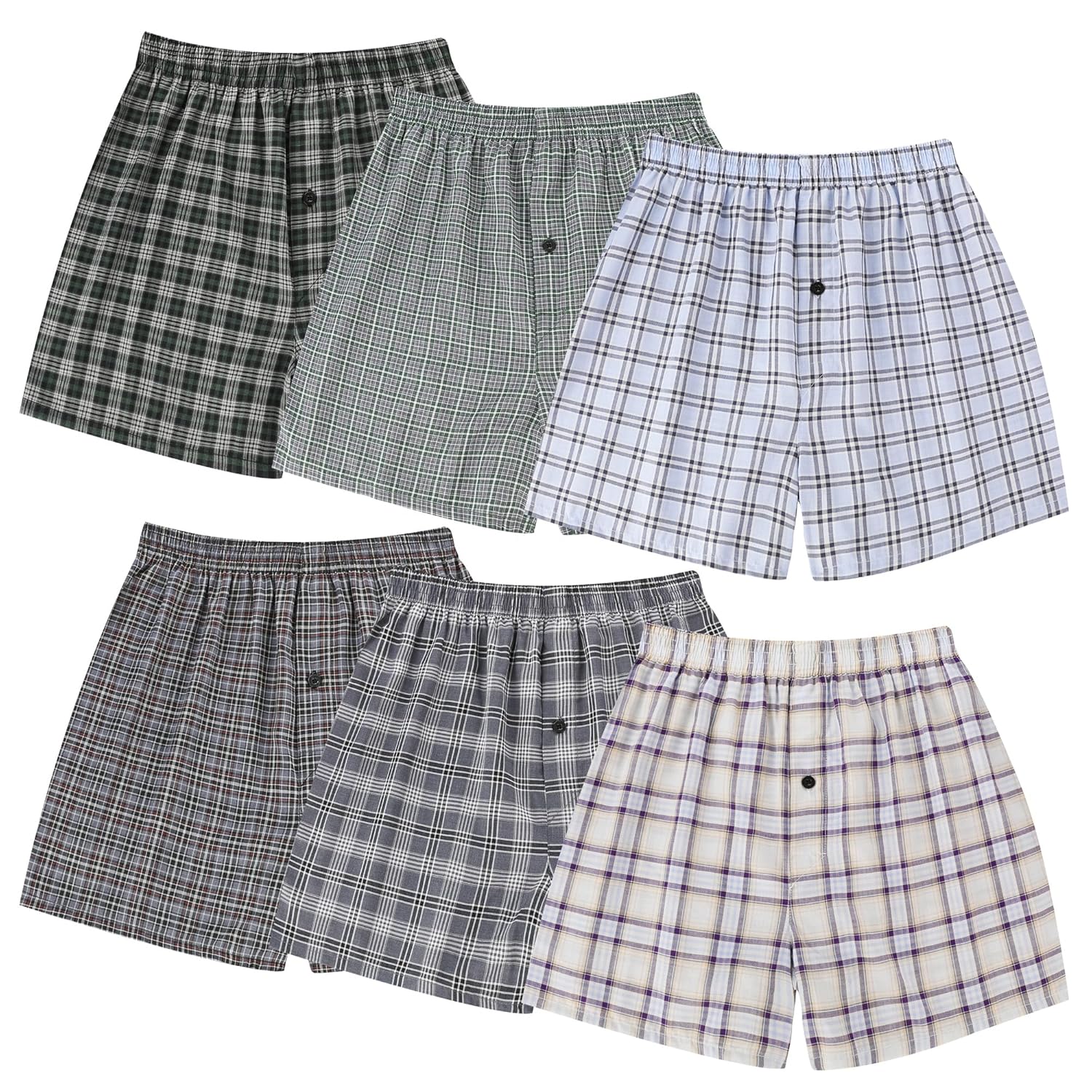 BAMBOO COOL Mens Woven Boxer Shorts Classic Relaxed Fit Lightweight Plaid Boxers underwear 6 Pack