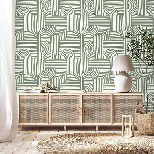 Miniatura 2 de VEELIKE Papel tapiz geométrico verde salvia para despegar y pegar, papel tapiz geométrico abstracto bohemio para dormitorio, baño, pared decorativa