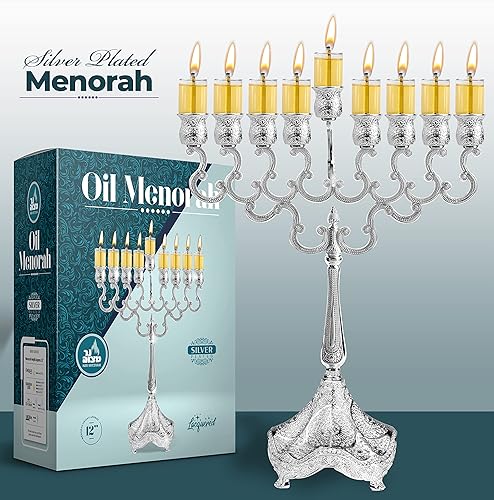Miniatura 2 de Ner Mitzvah Menorá de aceite chapada en plata, se adapta a vasos de aceite de Janucá estándar y velas grandes, diseño en relieve, 12 pulgadas de alto