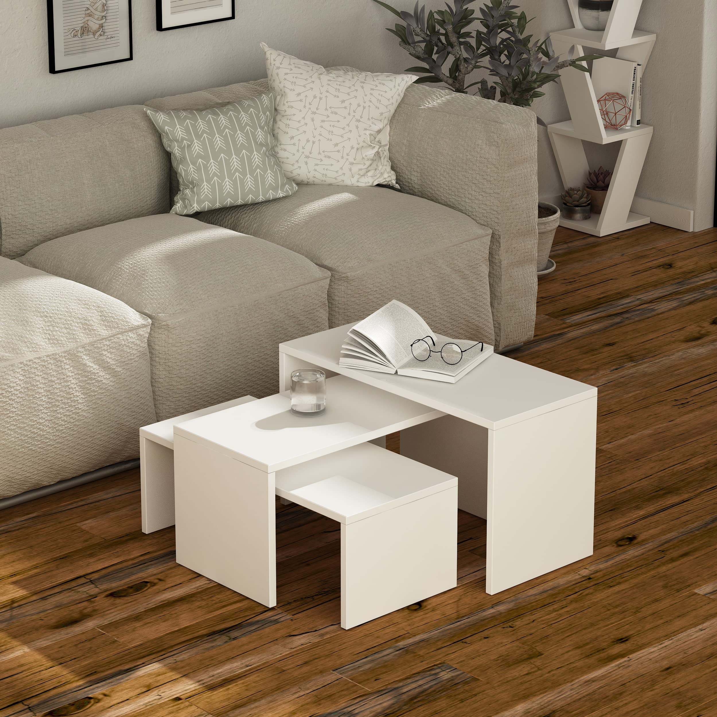 bpa Kanta Coffee Table, Engineered Wood Set of 3 Coffee Table, Ideal For Living Room, Office and Other Spaces, D 30 x W 65 x H 39 cm, White