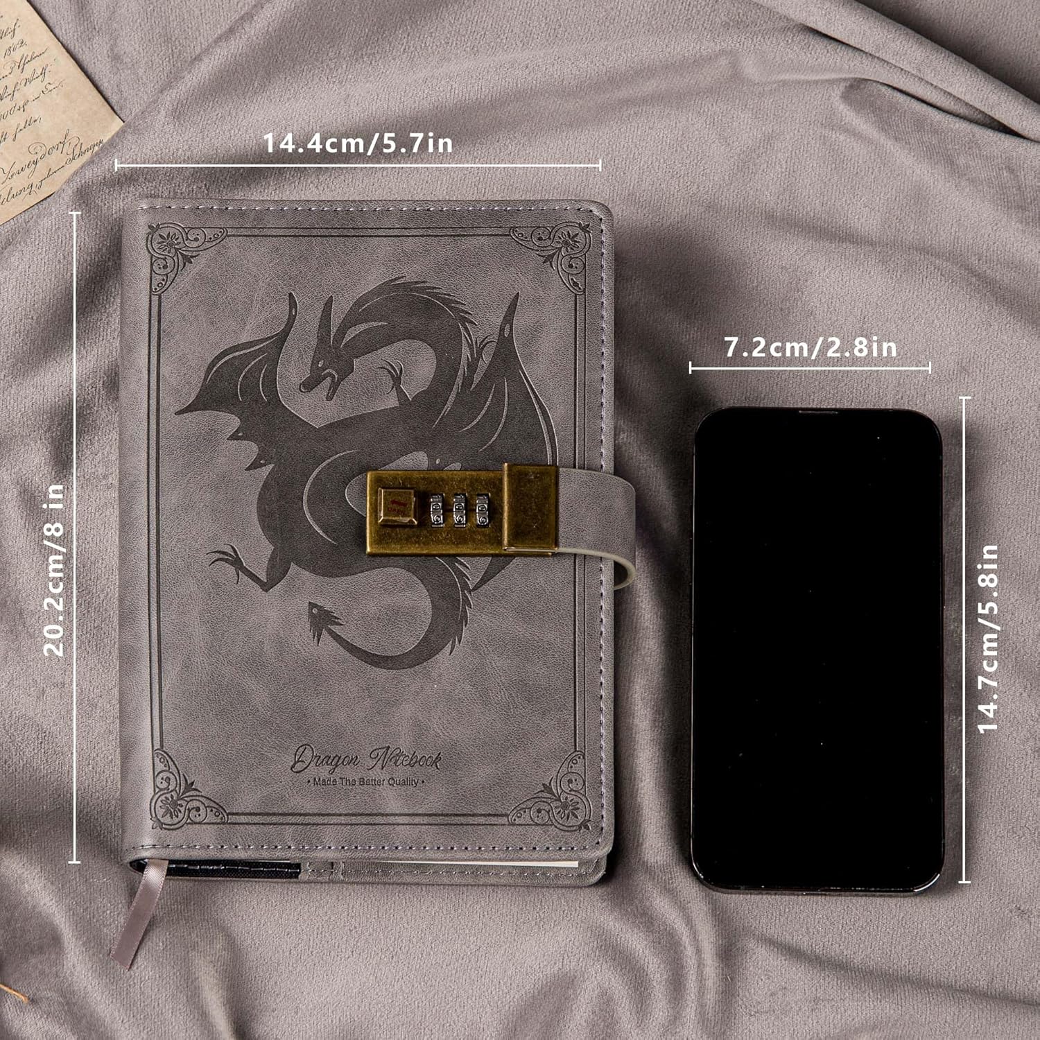 TIEFOSSI Dragon Leather Journal Notebook, Diary with Combination Lock, Lined/Blank Paper Notebook, B6 Writing Journals Stationery (Grey)
