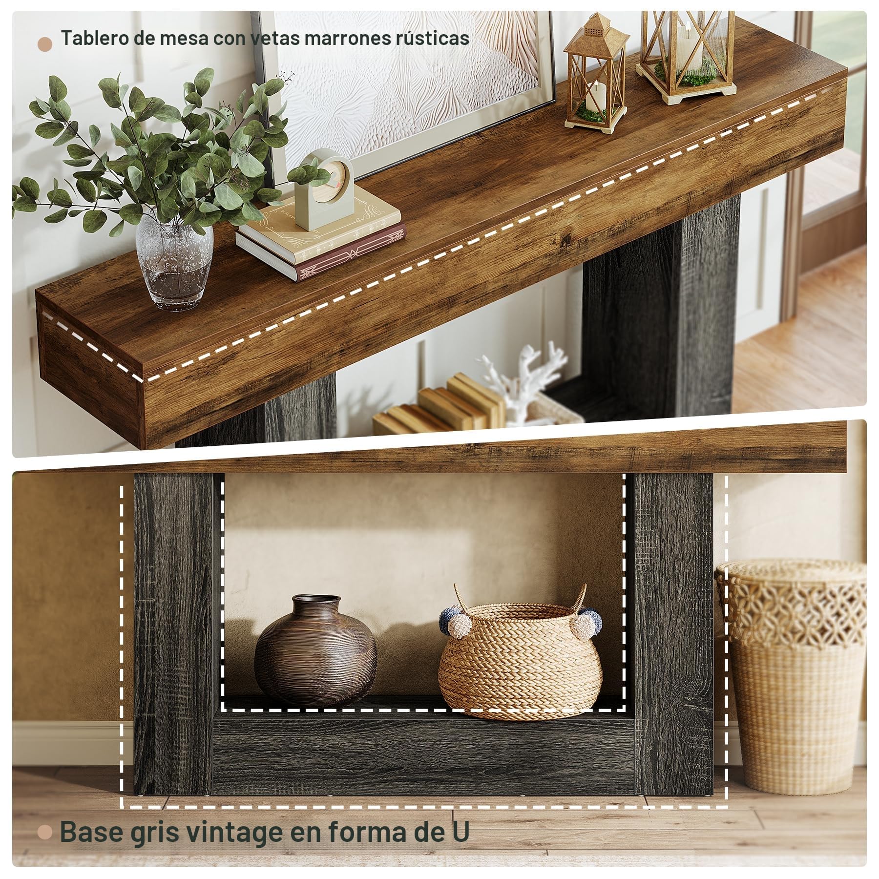 Tribesigns Mesa Consola de 160 cm de Largo, Mesa de Entrada de 2 Capas, con Espacio de Almacenamiento, Mesa de Centro Trasera de Madera de Granja para salón, Pasillo (Rústico Marrón y Gris)