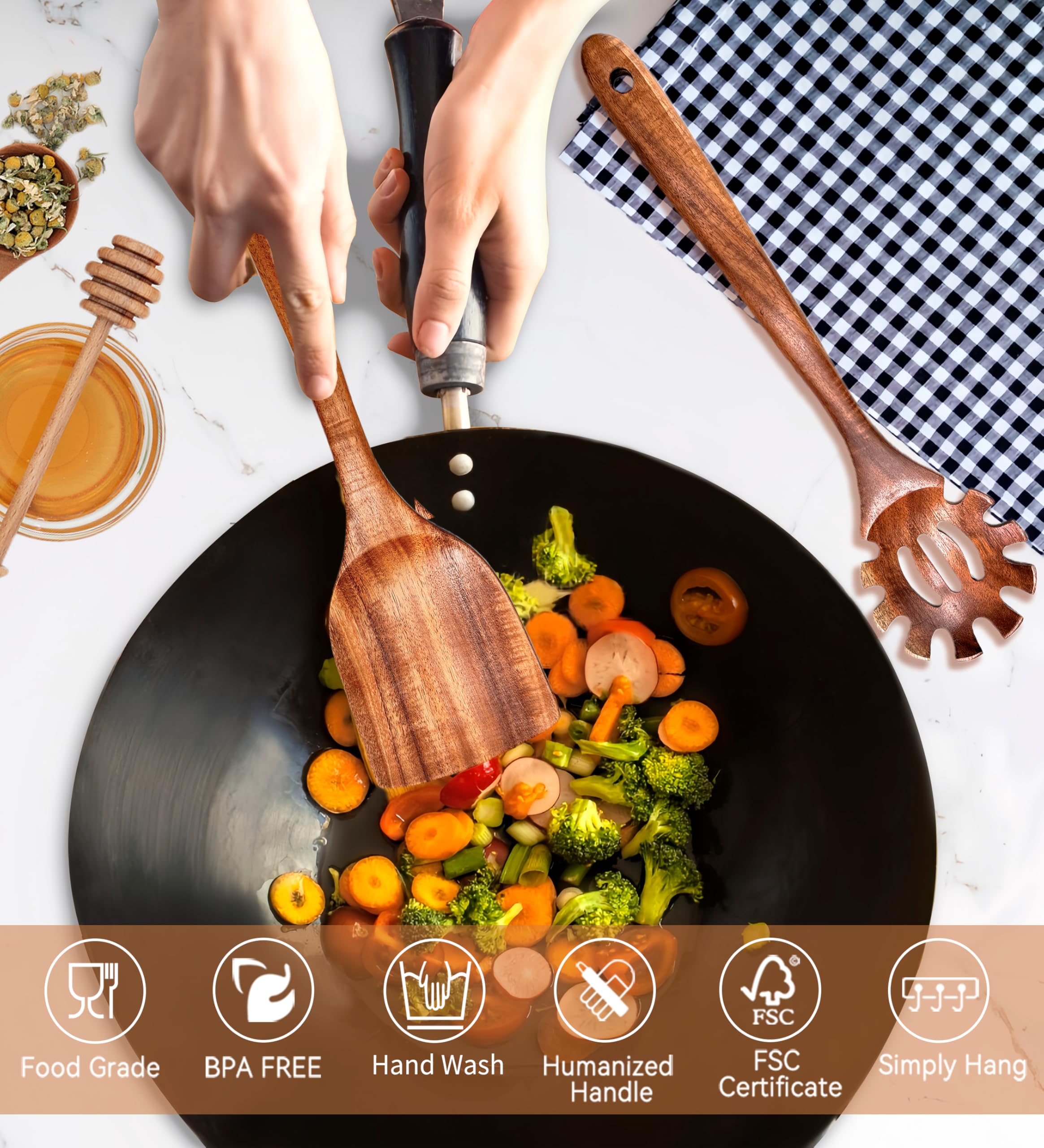Juego de 5 utensilios de cocina de madera, juego de utensilios de cocina de madera de acacia natural para cocinar, juego de utensilios de cocina de madera antiadherente, juego de herramientas de