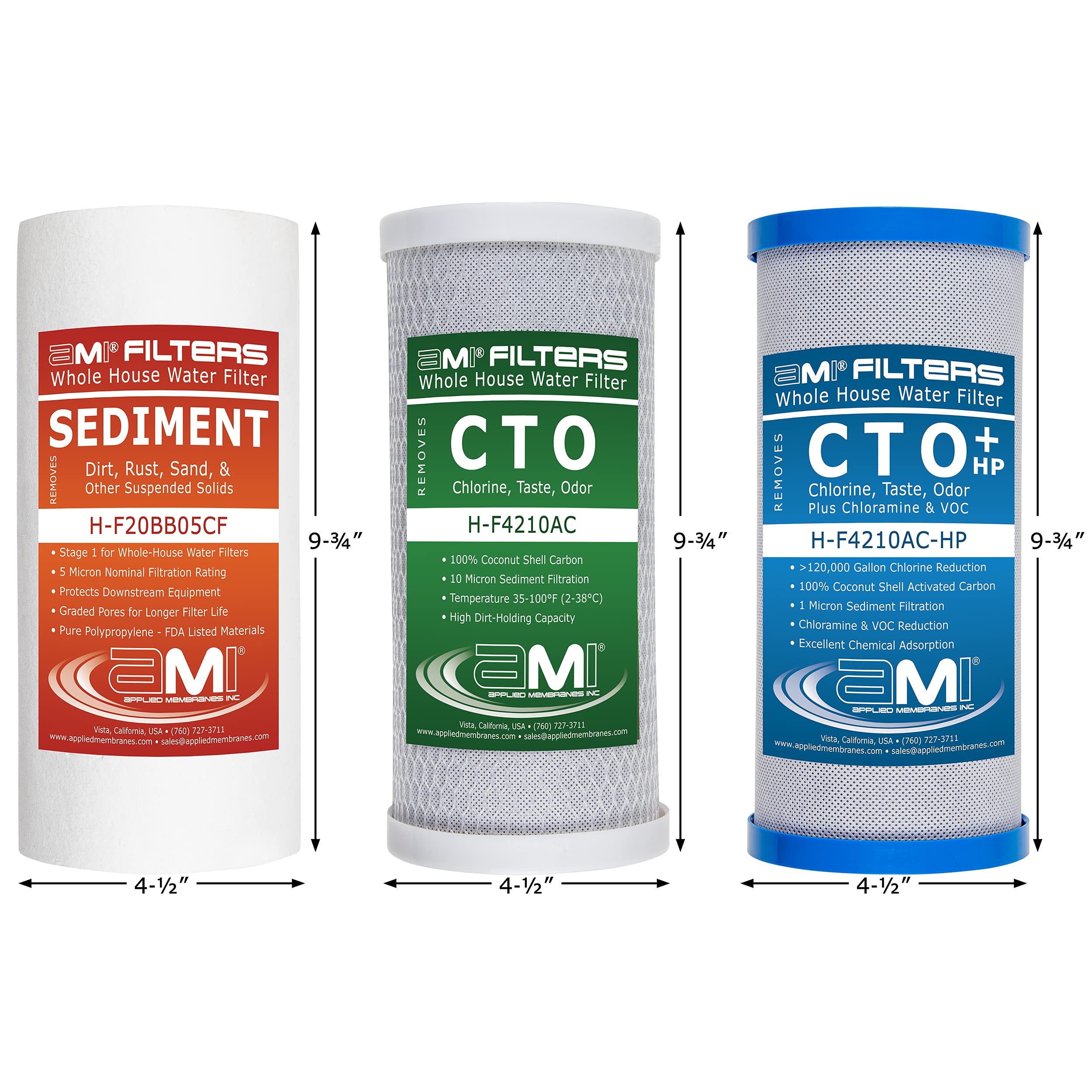 APPLIED MEMBRANES INC. Whole House - Juego de cartuchos de filtro de repuesto para filtro de agua, 3 etapas, 4.5 x 10 pulgadas, filtros de sedimentos y bloques de carbono, se adapta a carcasas azules