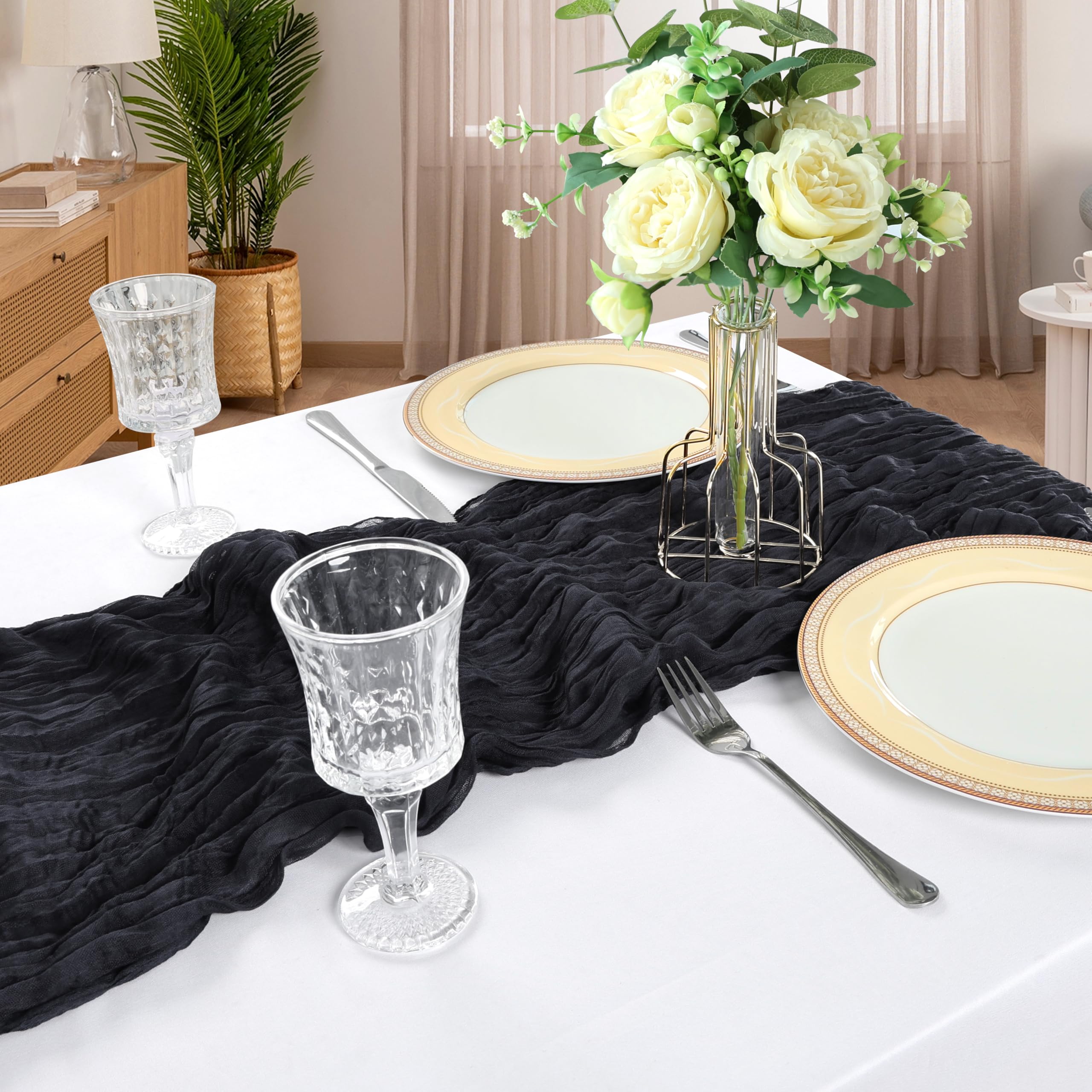Paquete de 12 Caminos de Mesa de Gasa Negra de 10 pies de Largo, Gasa rústica, Bohemia, Primavera, Queso, decoración de Tela Transparente para Fiestas, Bodas, Banquetes, Despedidas de Soltera, Baby