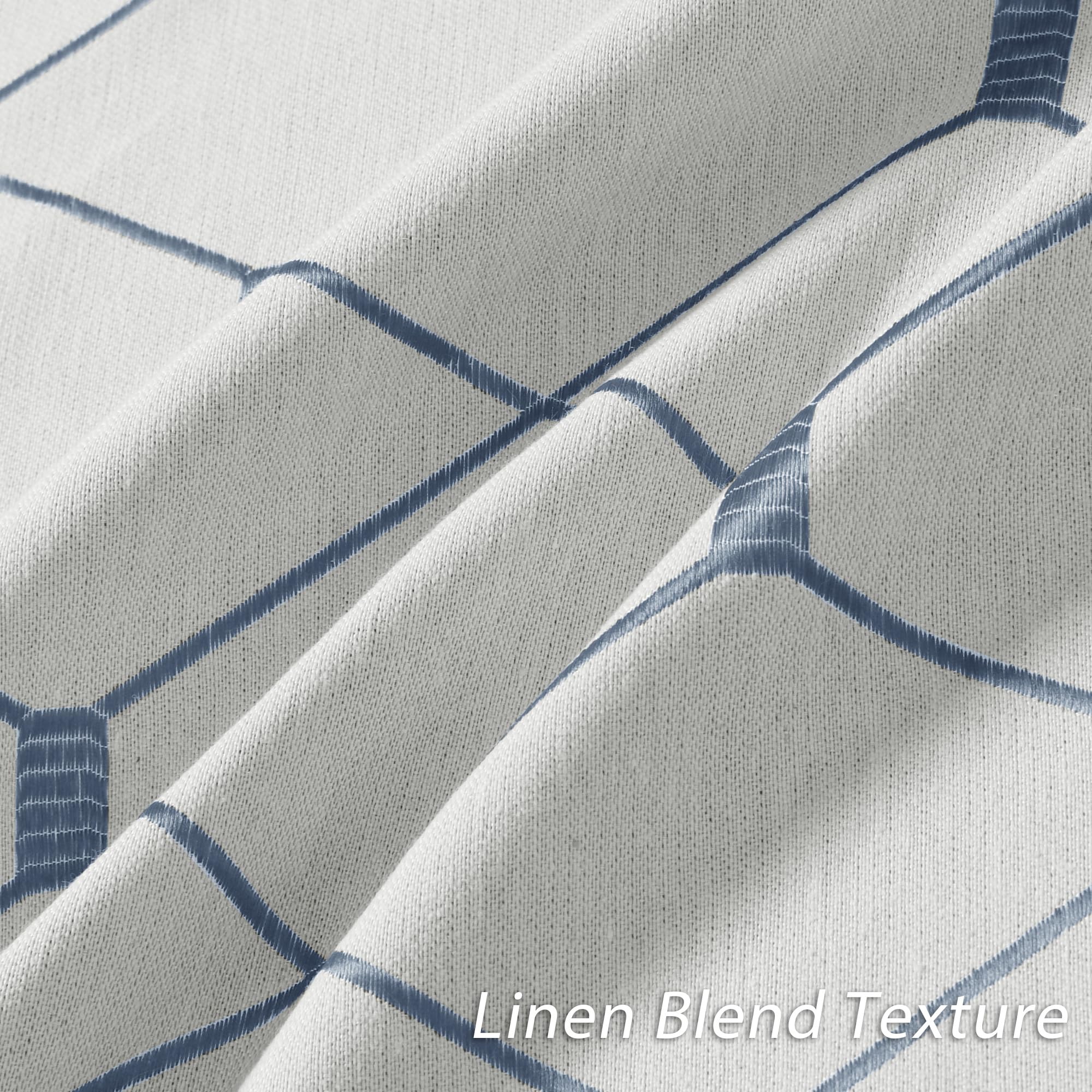 Nanspring Cortinas blancas crema de 259 cm de largo, juego de 2 paneles para sala de estar, pestaña trasera, patrón geométrico azul bordado, lino neutro, texturizado, 50% cortinas opacas de 102