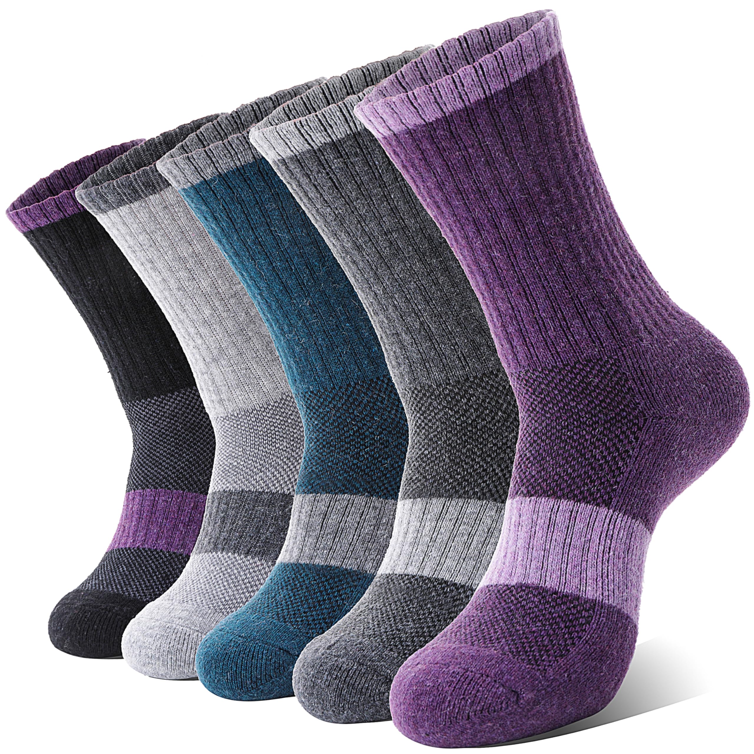 MOSEY KOSY Merino Damen Socken Thermosocken Warme Wandersocken Merinowolle Sportsocken Trekkingsocken Outdoor Arbeitssocken Wollsocken Wolle Atmungsaktiv Wintersocken 5 Paar(Grau/Lila/Grün,M (36-42))