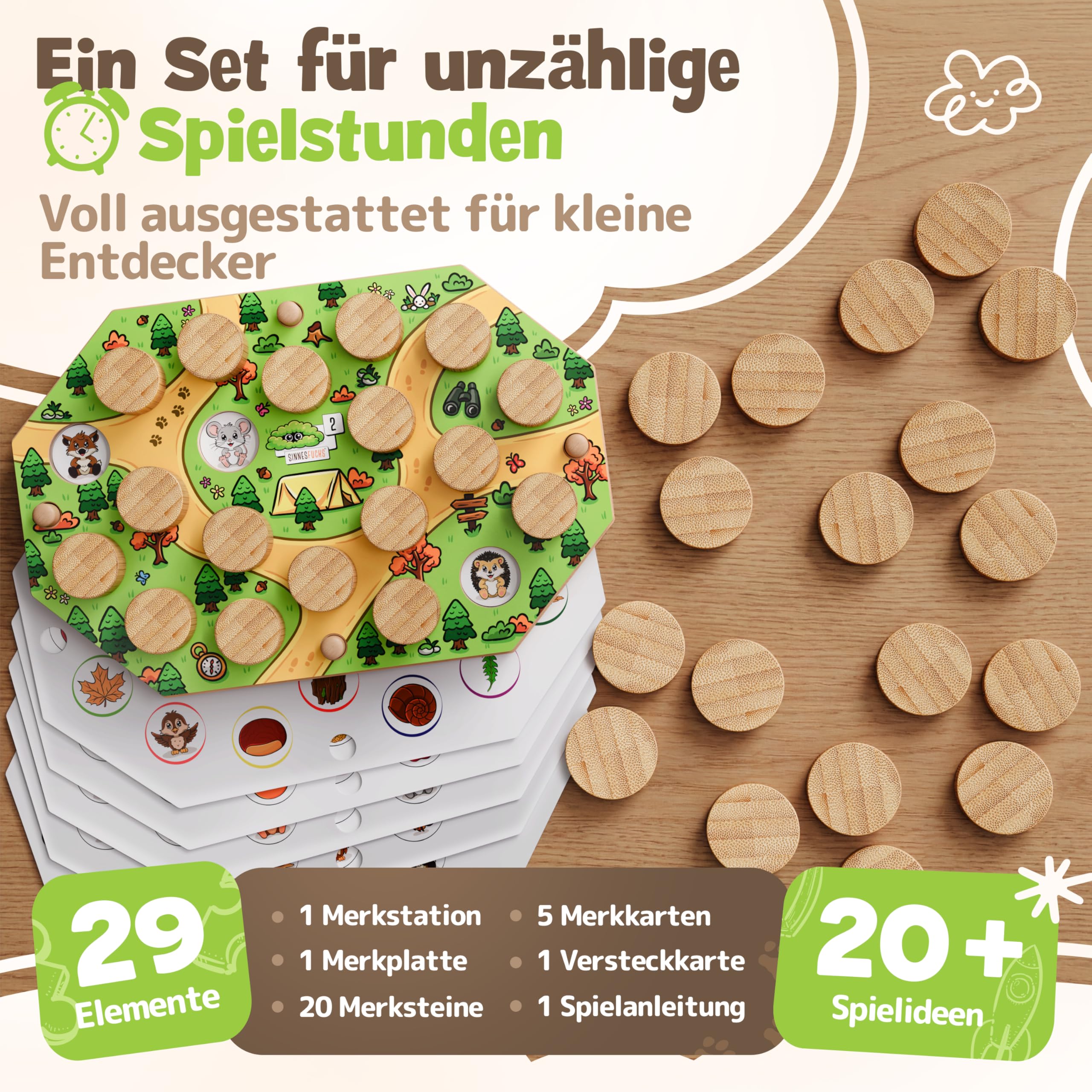 Merklernstation - Memory Spiel ab 3 Jahren - Gedächtnisspiel für Kinder - Montessori Spielzeug pädagogisch wertvoll - FSC® 100% Holz - Lernspielzeug für Mädchen & Jungen - Brettspiel