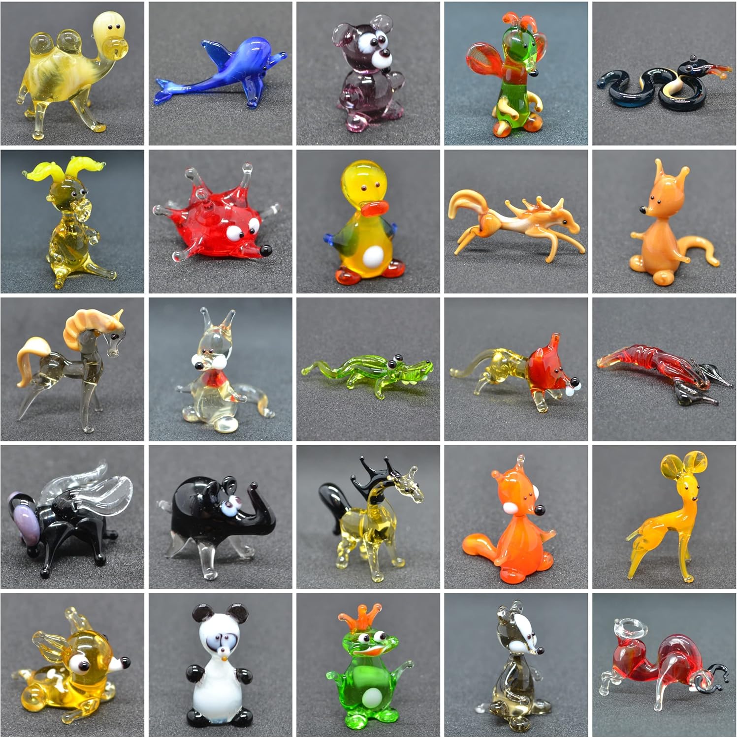 Set of 50 Tiny Glass Animal Figurines (1”) – Hand-Blown Assorted Miniatures – Collectible Ornaments for Fairy Garden, Dollhouse & Desk – Gift for Kids & Adult Collectors