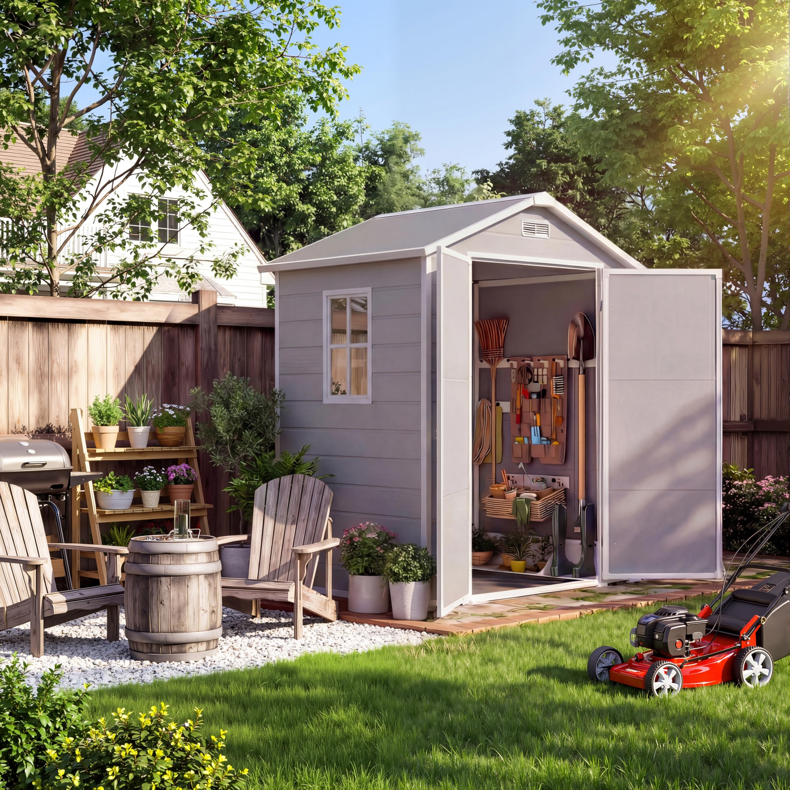 Photo 1 of (Parts missing sold as parts only)Plastic Outdoor Storage Shed with Floor & Window, 6X4 ft Resin Garden Shed for Patio, Lawn Mower, Bike & Tool, Waterproof Outdoor Storage with Lockable Door & 2 Vents & Sloped Roof for Backyard