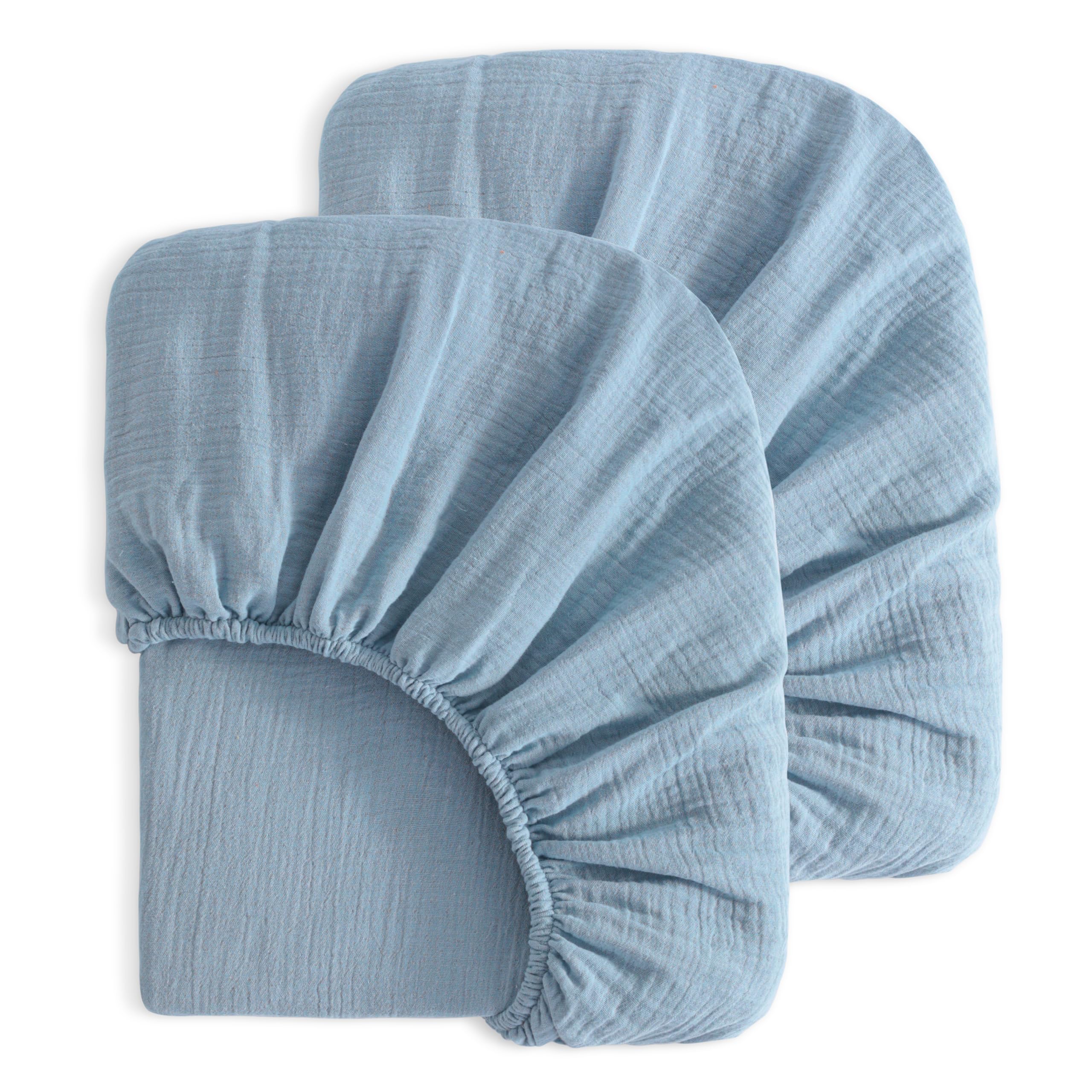 NTBAY Mini Crib Muslin Fitted Sheets, 2 Pack, 24 x 38, Sky Blue | Double-layer Muslin Cotton Sheets with Full Elastic for Compatible 24 x 38 Inch Mini Crib Mattresses, 2 Fitted Sheets