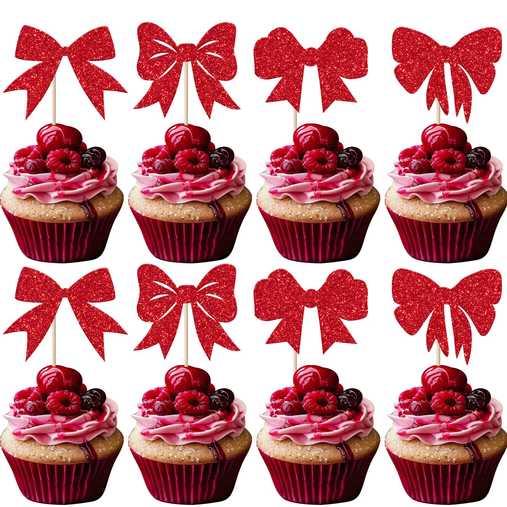 Xsstarmi 24 Pack Red Bow Cupcake Toppers Bow Themed Birthday Decorations Bowknot Cupcake Picks for Bridal Baby Shower Girls Birthday Wedding Party Cake Decorations โ image 1