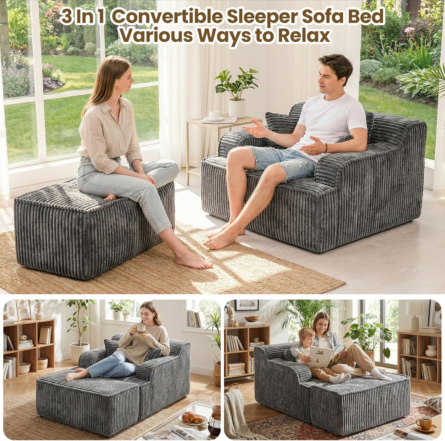 Chaise Lounge Chair Indoor,Boneless Chair with Ottoman,Comfy Reading Chair for Adults,Small Sofa Bed Couch for Living Room,Single Sleeper Chair Bed,Grey