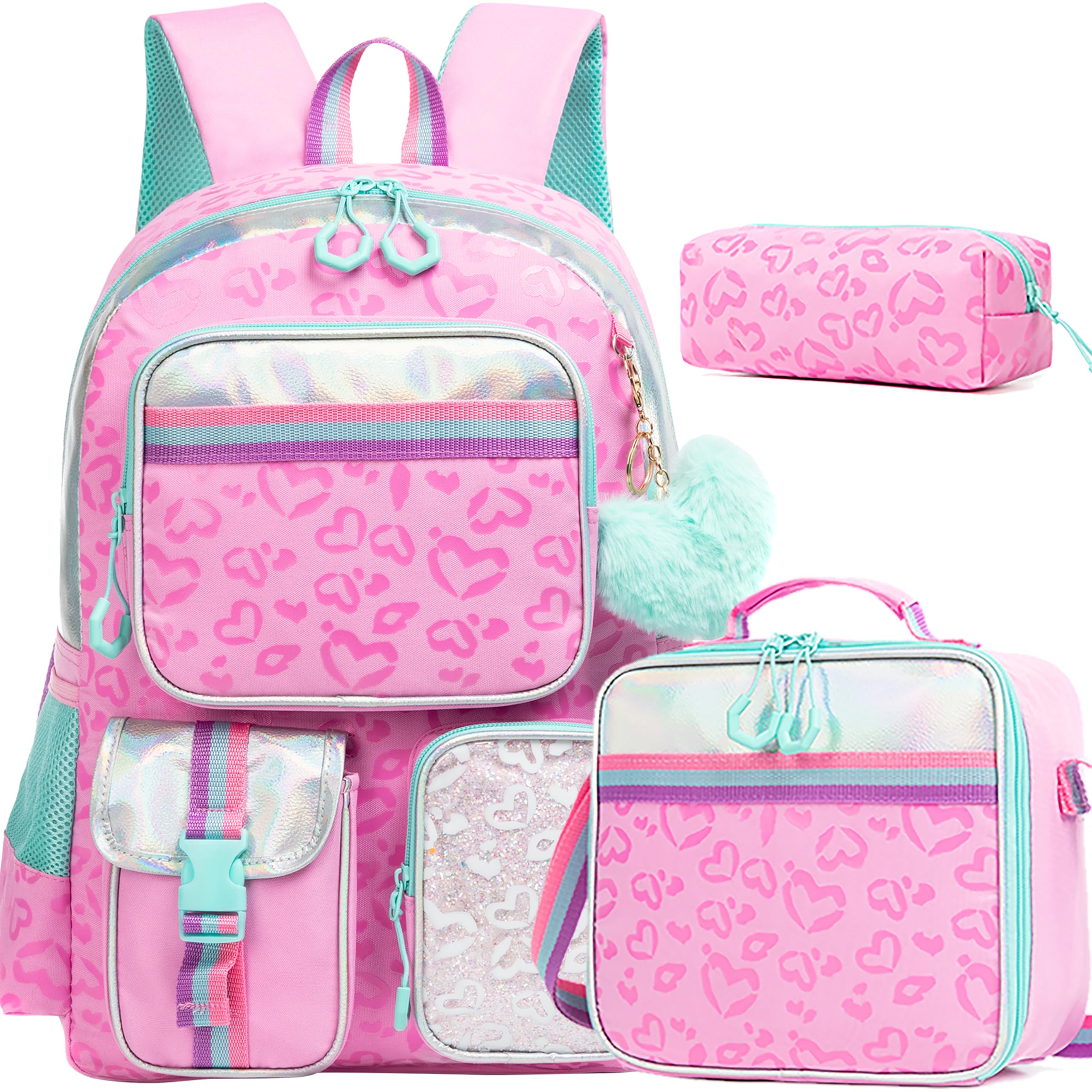 Meetbelify Pink Aesthetic Backpack with Lunch Box for Elementary to Teen Girls