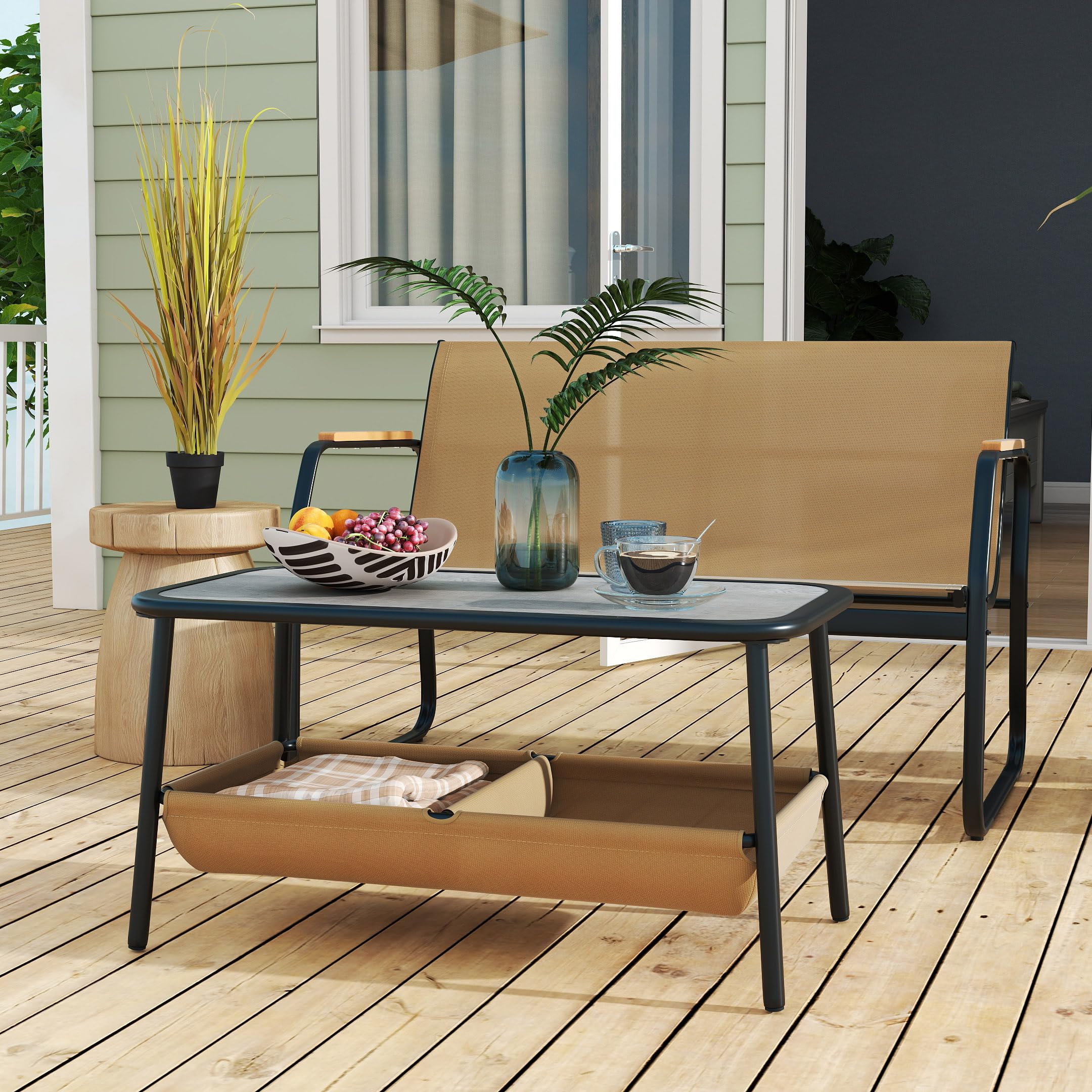 KOMFOTTEU Set di Mobile da Giardino in 2 Pezzi, Set Tavolo e Sedie da Balcone in Tessuto Textilene, Set da Bistrò con Divanetto 2 Posti e Tavolino con 2 Scomparti di Stoccaggio, per Veranda, Marrone