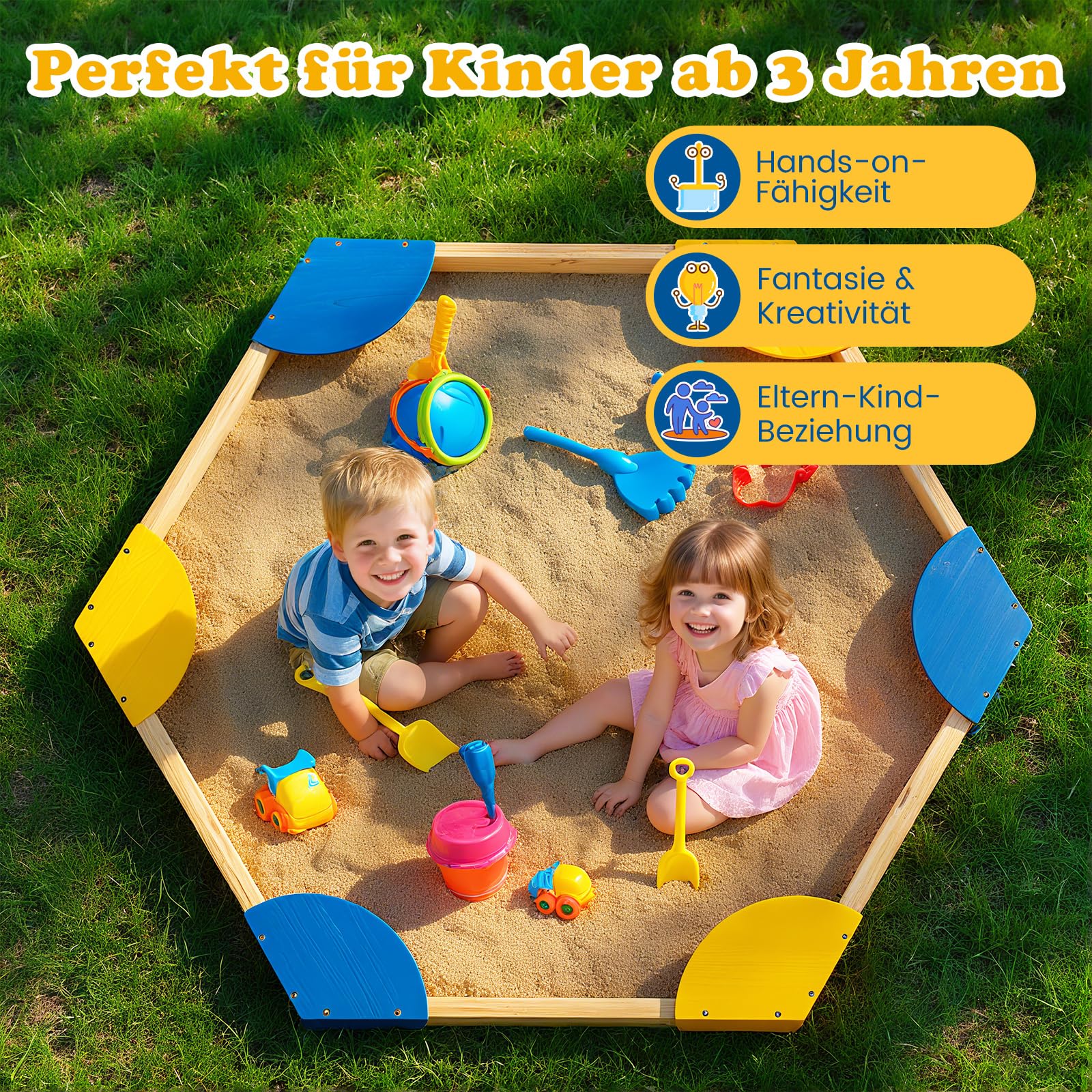 COSTWAY Sandkasten aus Holz mit 6 Sitzplätzen, sechseckige Sandkiste für Kinder, 140 x 122 x 14 cm, Sandbox Sandspielzeug für Balkon und Garten
