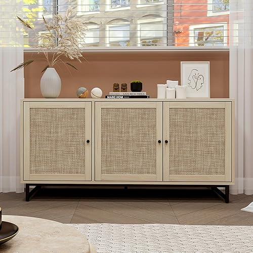 Miniatura 4 de Pvillez Aparadores modernos con almacenamiento, armario de almacenamiento con puertas de ratán natural, gabinete de buffet para sala de estar,