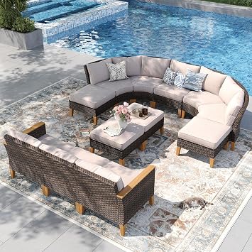 PHI VILLA 10-Piece Wicker Patio Furniture Set, Outdoor Half-Moon Curved Sectional Sofa with 4 Ottomans, 2 One Armrest Seats, 1 Armless Sofa, Large Conversation Seating for Garden or Backyard,Beige
