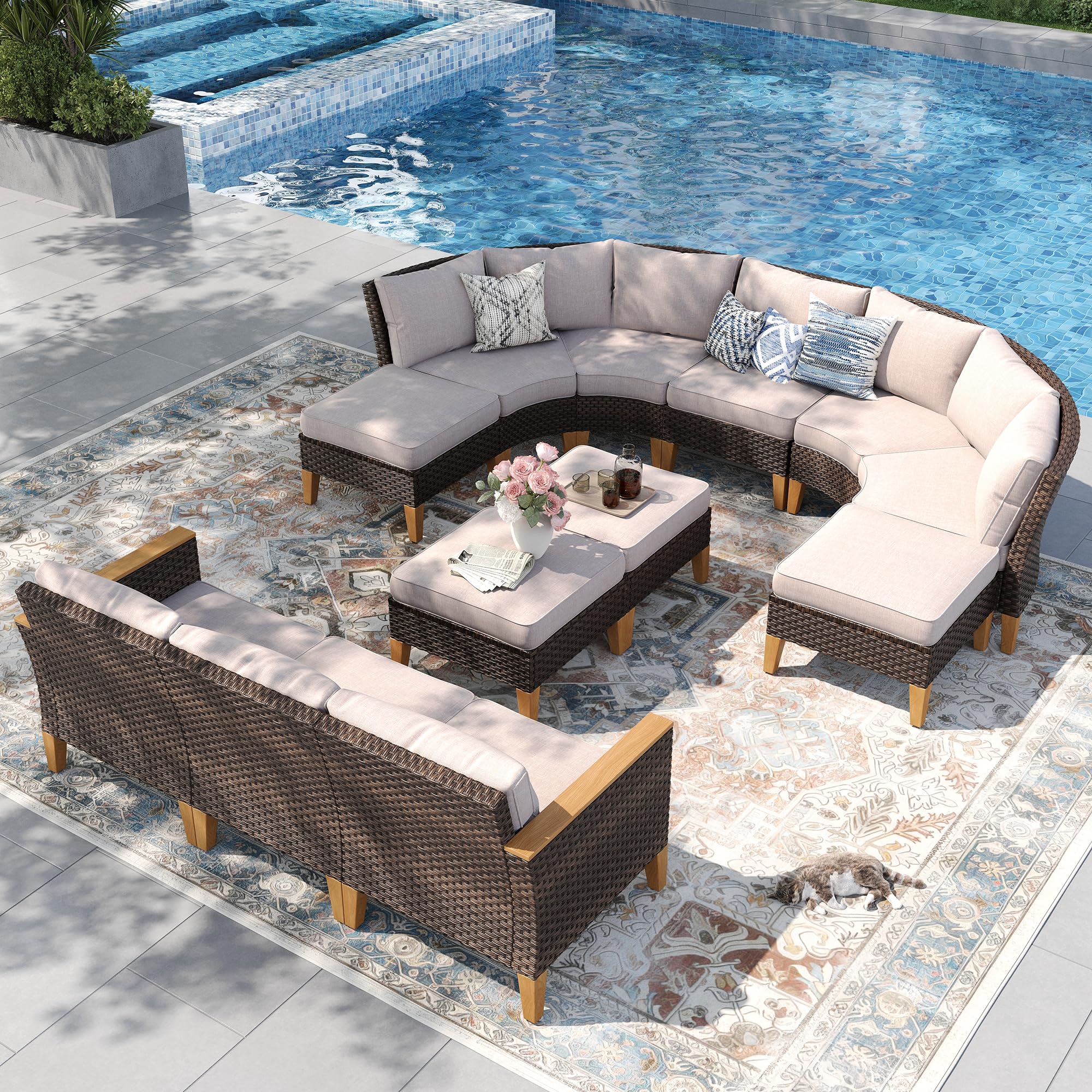 PHI VILLA 12-Seat Curved Wicker Patio Furniture Set in a half-moon configuration with ottomans