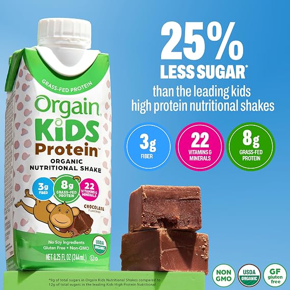 Orgain Organic Kids Protein Nutritional Shake, Chocolate - 8g of Protein, 22 Vitamins & Minerals, Fruits & Vegetables, Gluten Free, Soy Free, Non-GMO, 8.25 Fl Oz (Pack of 4)