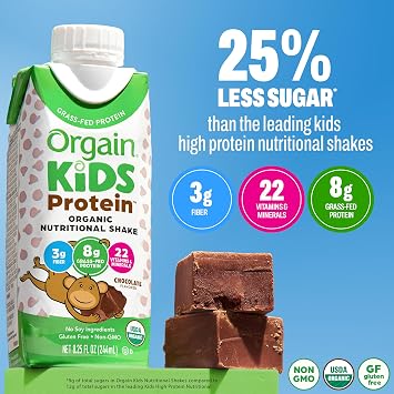Orgain Organic Kids Protein Nutritional Shake, Chocolate - 8g of Protein, 22 Vitamins & Minerals, Fruits & Vegetables, Gluten Free, Soy Free, Non-GMO, 8.25 Fl Oz (Pack of 4)