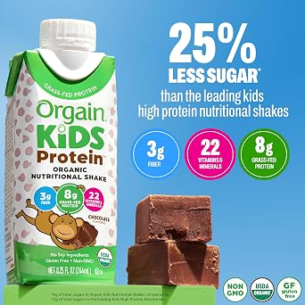 Orgain Organic Kids Nutritional Dairy Protein Shakes, Chocolate, Healthy Kids Snacks, 8g Grass-Fed Protein, 3g Fiber, 22 Vitamins & Minerals, No Soy Ingredients, Non-GMO, 8.25 Fl Oz, Pack of 12