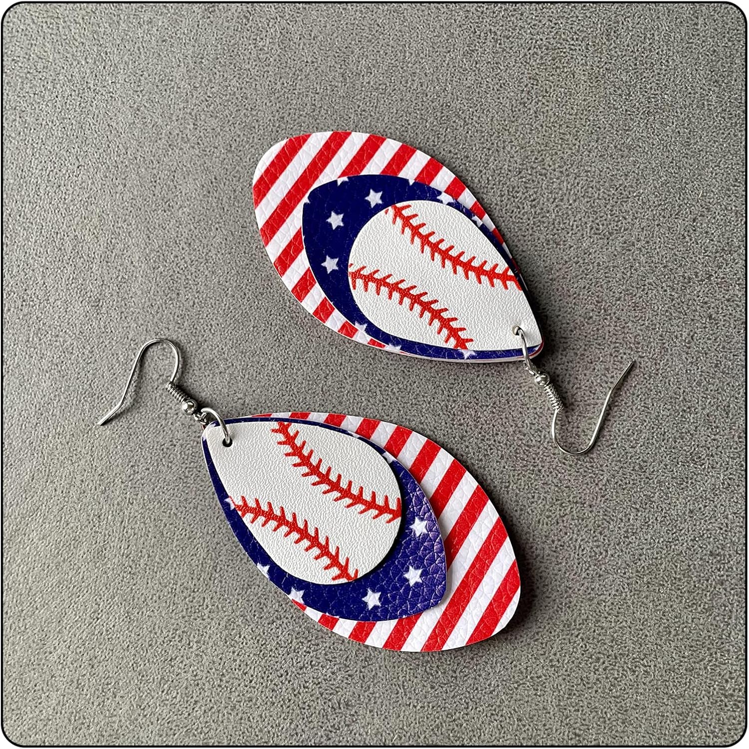 Punk Rock 2PCS Alloy Hook Earrings Drop Dangle Baseball Pattern Multi-layer Leather Earrings - Image 5