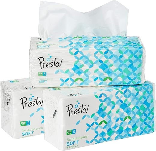Amazon Brand - Presto! 2 Ply Facial Tissue Box | 600 Pulls | 200 Pulls X 3 Cartons | Soft And Highly Absorbent | 100% Natural Virgin Cellulose Fiber