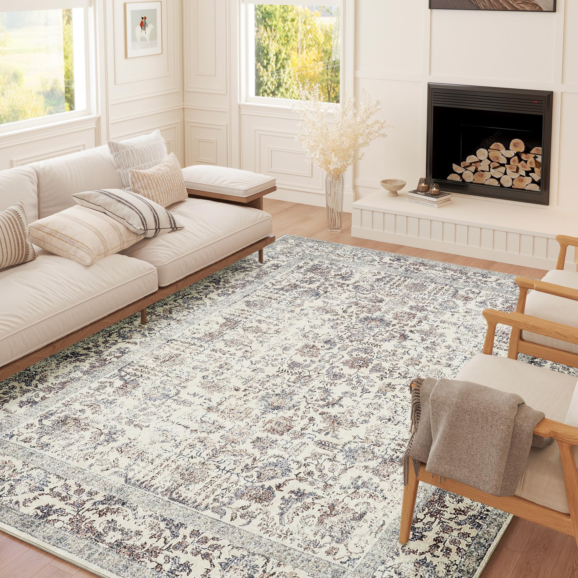 Taupe Area Rug 4x6 Entryway Rug Kitchen Indoor Vintage Living Room Carpet Washable Bedroom Distressed Rug Floral Retro Accent Throw Rug for Office Dining Room Bathroom