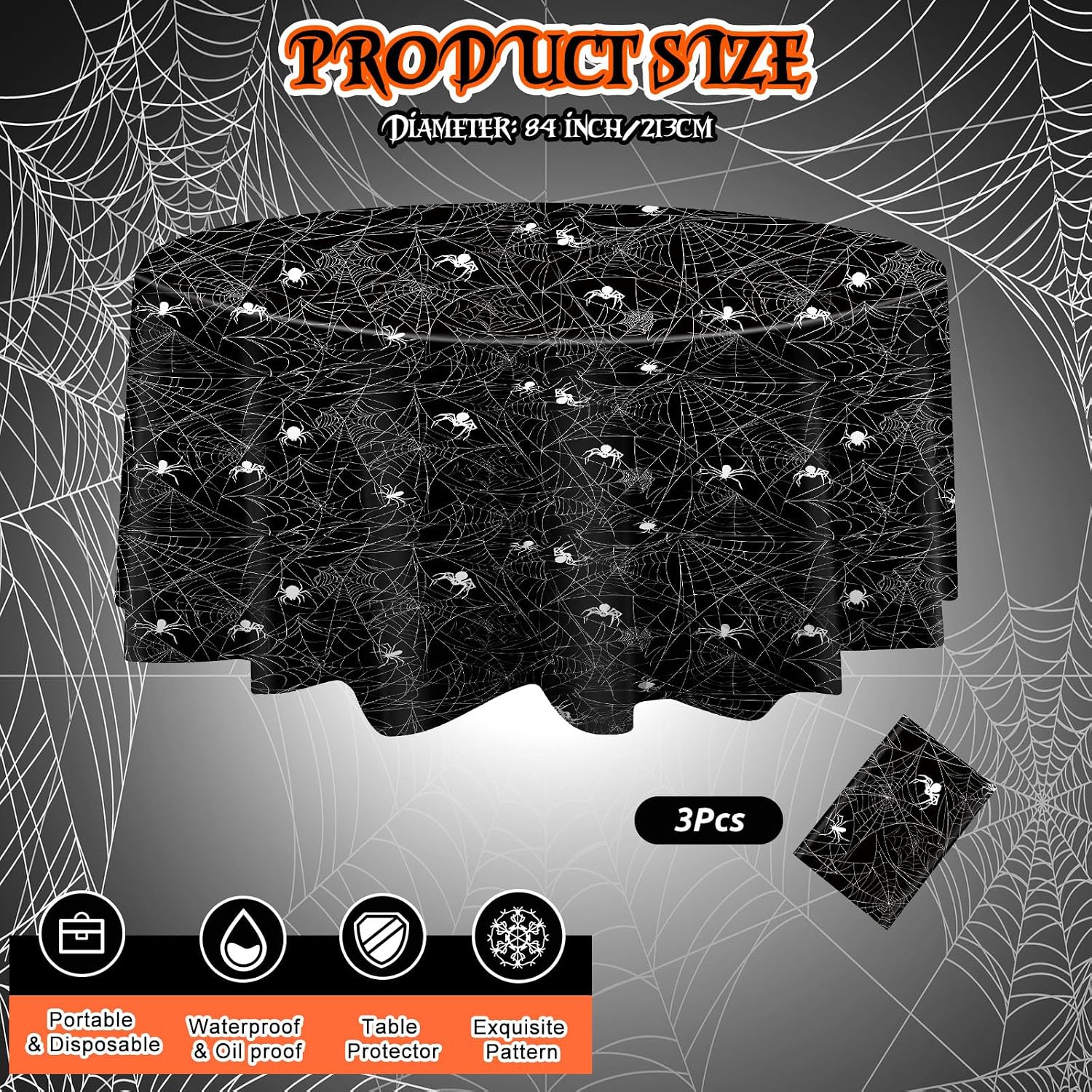 Oudain 3 Pcs Round Halloween Tablecloth 84 Inch Plastic Spider Web Tablecloth Disposable Cobweb Halloween Round Table Cover for Birthday Party Dining Table Decorations Supplies (Black)