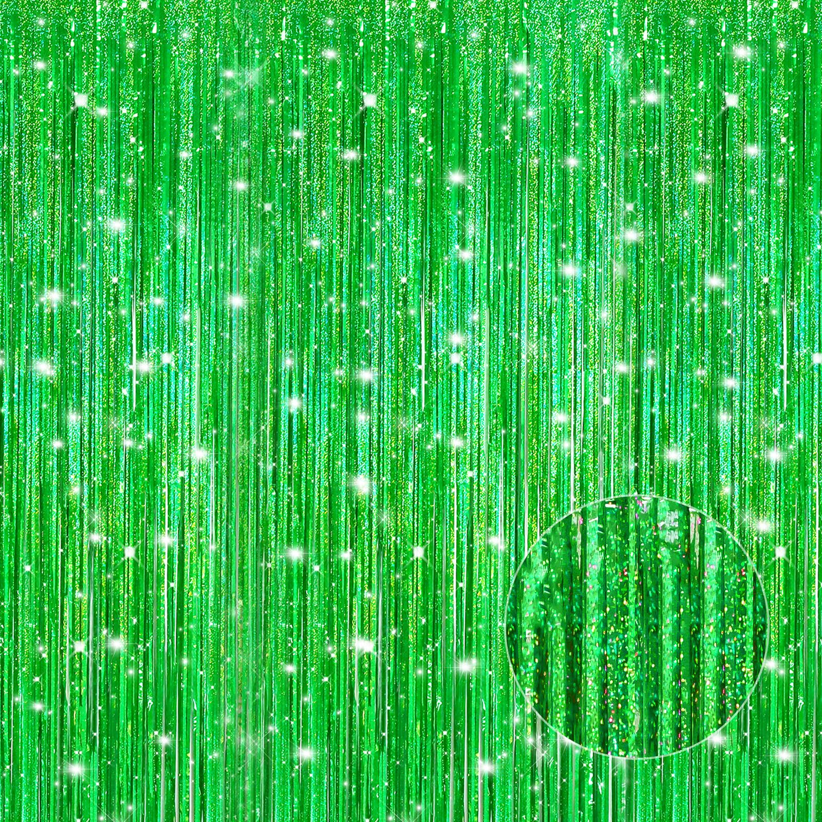 Crosize 4 Pack 3.3 x 9.9 ft Laser Green Foil Fringe Curtains, Tinsel Curtain Backdrop, Door Streamers for Birthday Dinosaur Animal St Patrick's Day Football Christmas Party Decorations