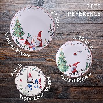 Bico Christmas Gnomes Salad Plates Set of 4, 8.75 Inch Ceramic Dessert Plates for Salad, Appetizer, Side Dishes, Microwave and Dishwasher Safe, Gift for Housewarming and Christmas