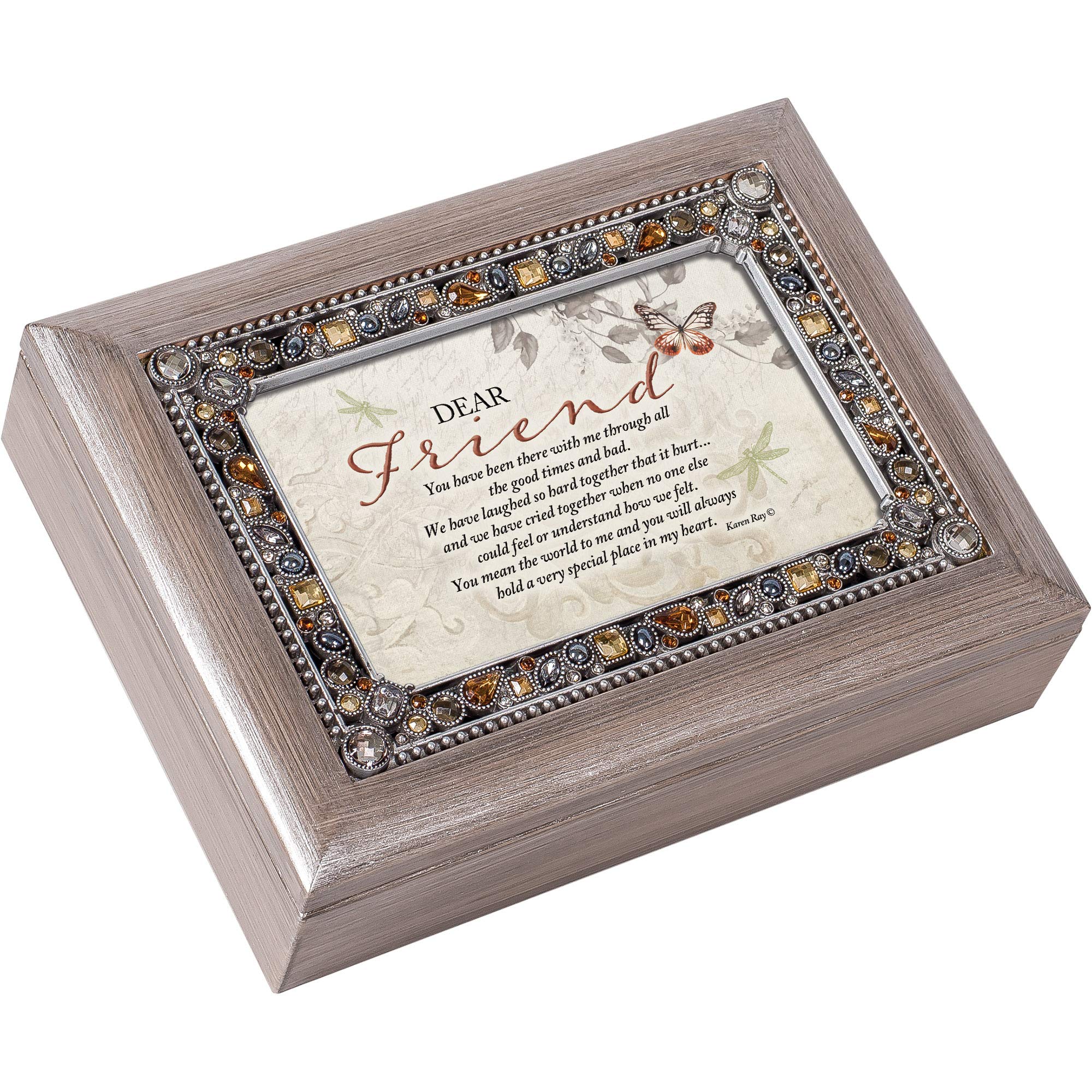 Caja de música de cuerda Cottage Garden Dear Friend en acabado peltre con tapa decorativa