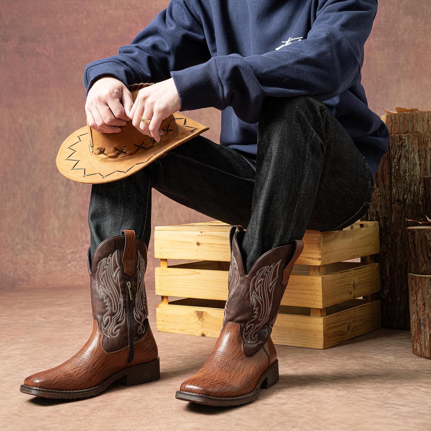 JOUSEN Cowboy Boots for Men Embroidery Men's Western Boots Retro Square Toe Mens Boot Botas Vaqueras Para Hombre - Image 3