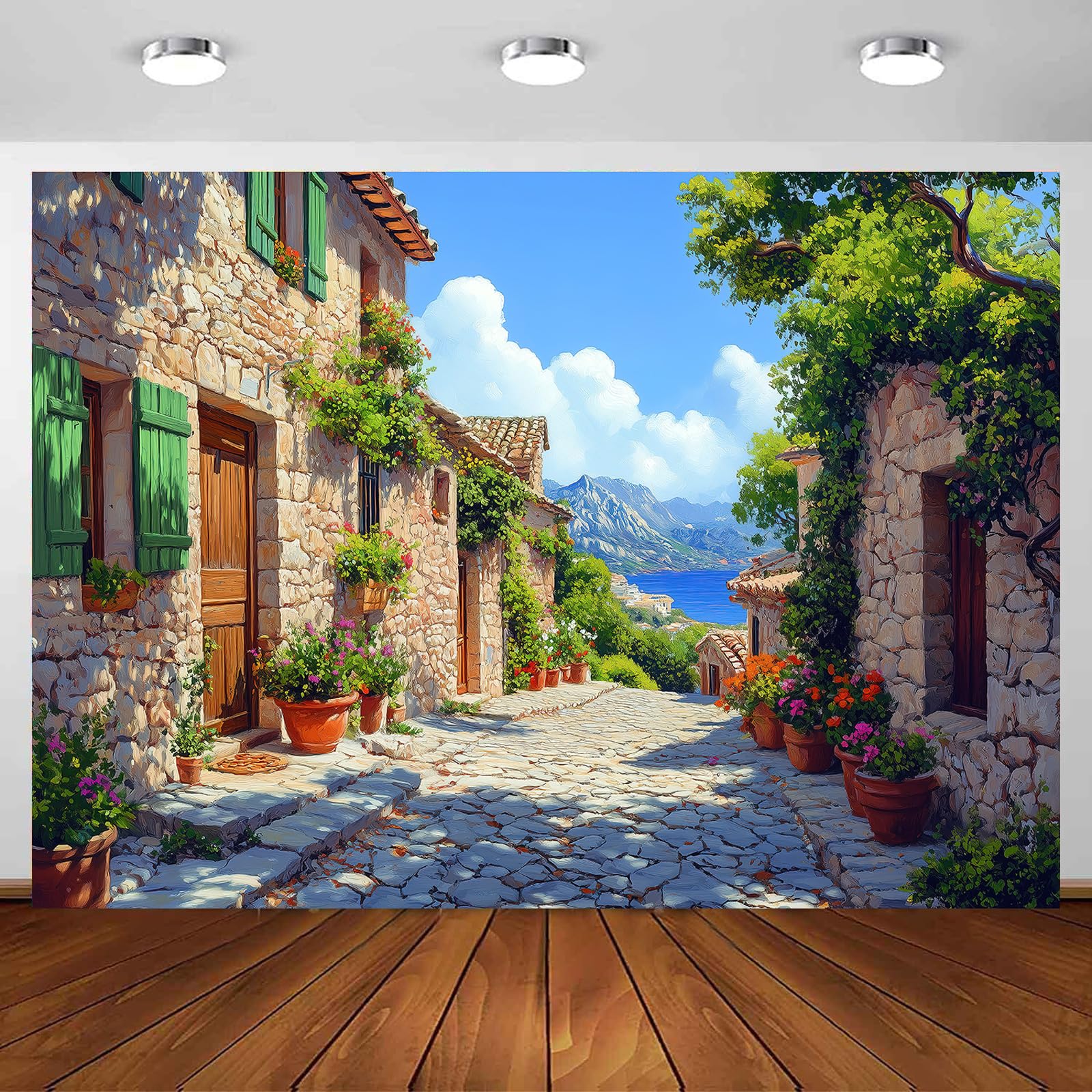 7X5ft Italian Themed Photo Backdrop Photography Background, Oil Painting European Mediaeval Town Costal City Scenery Backdrops Photo Booth Prop