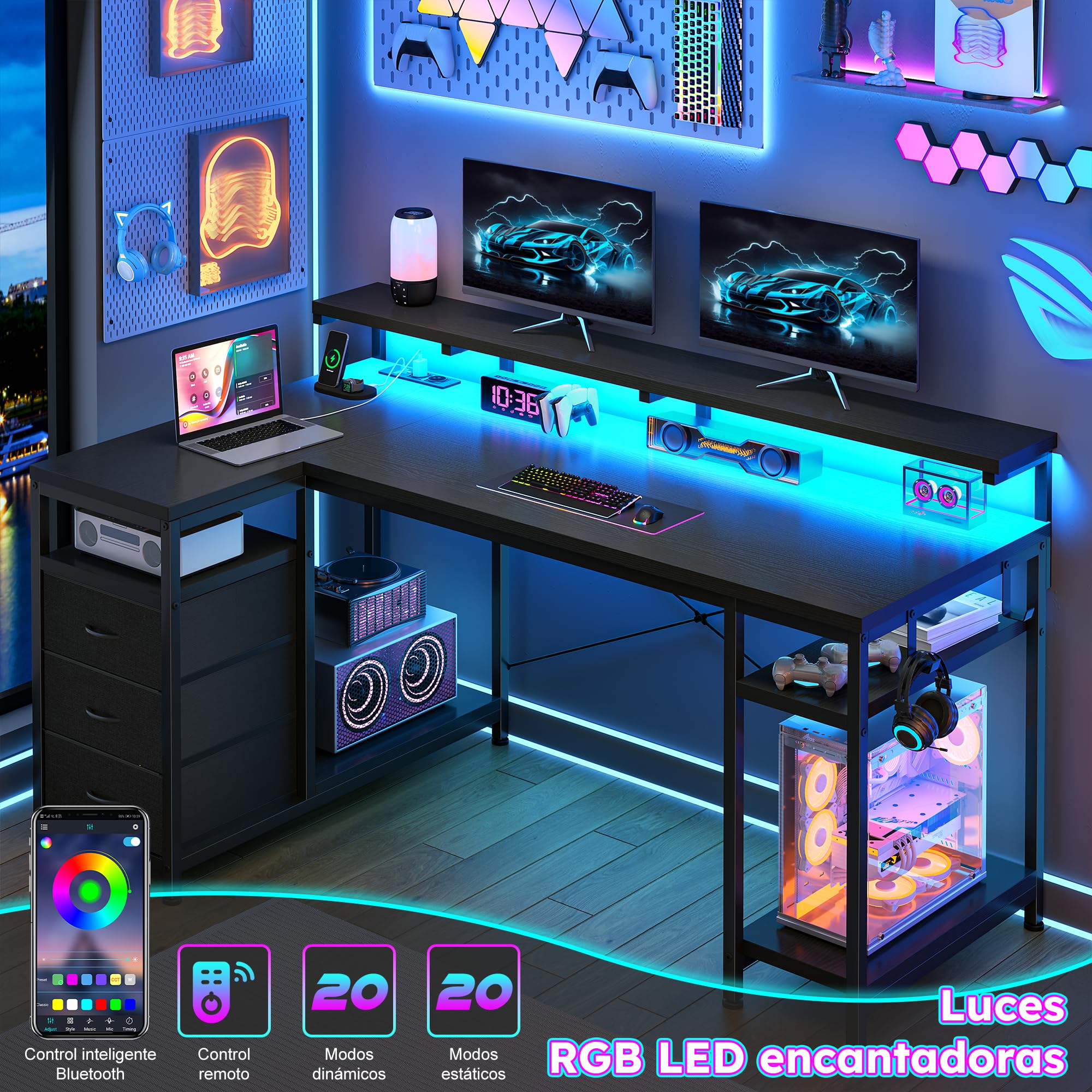 140x80 cm Forma de L Escritorio con 3 Cajones, LED, Soporte para Monitor, 2 Enchufes y 2 Puertos USB, Reversible Mesa Gaming con Gancho para Trabajo,Juegos,Estudiar,Homeoficina, Estudio, Negro